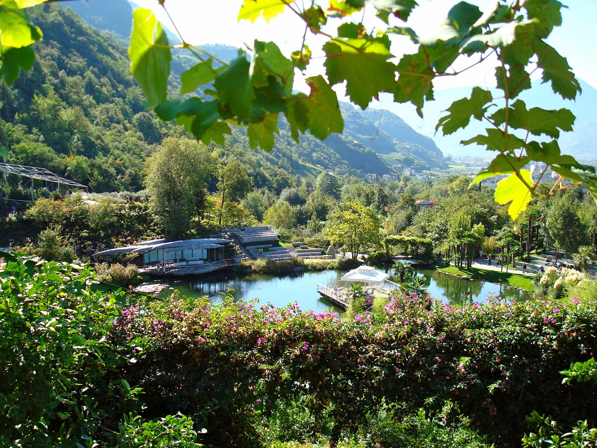 Botanical Gardens in Italy with a Pond and Mountains HD Wallpaper
