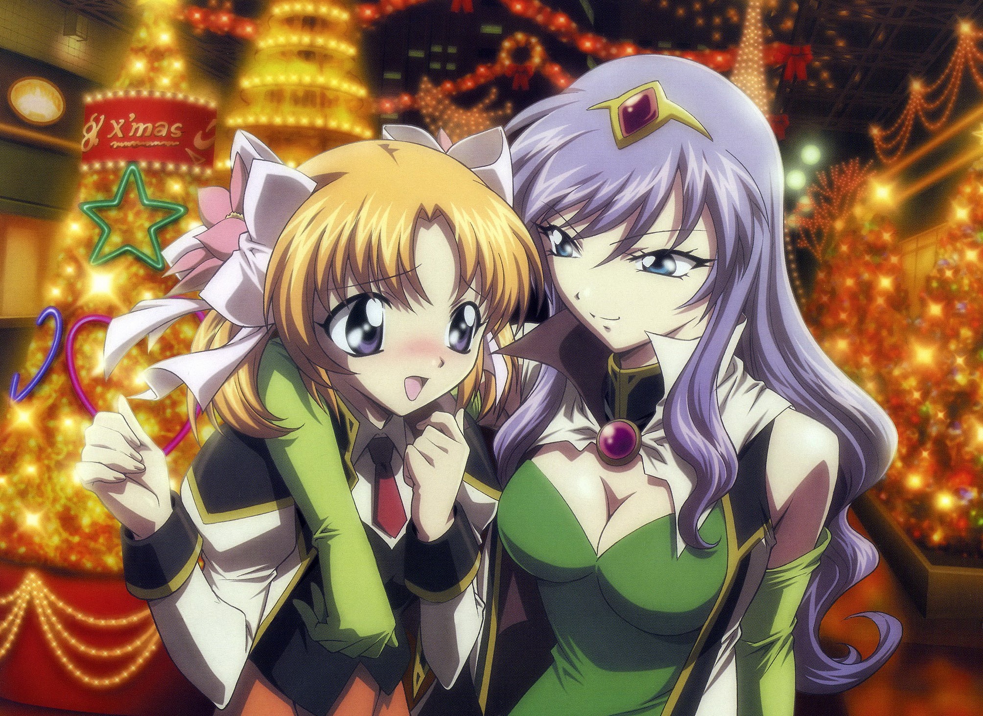 Two anime girls in front of Christmas trees HD Wallpaper