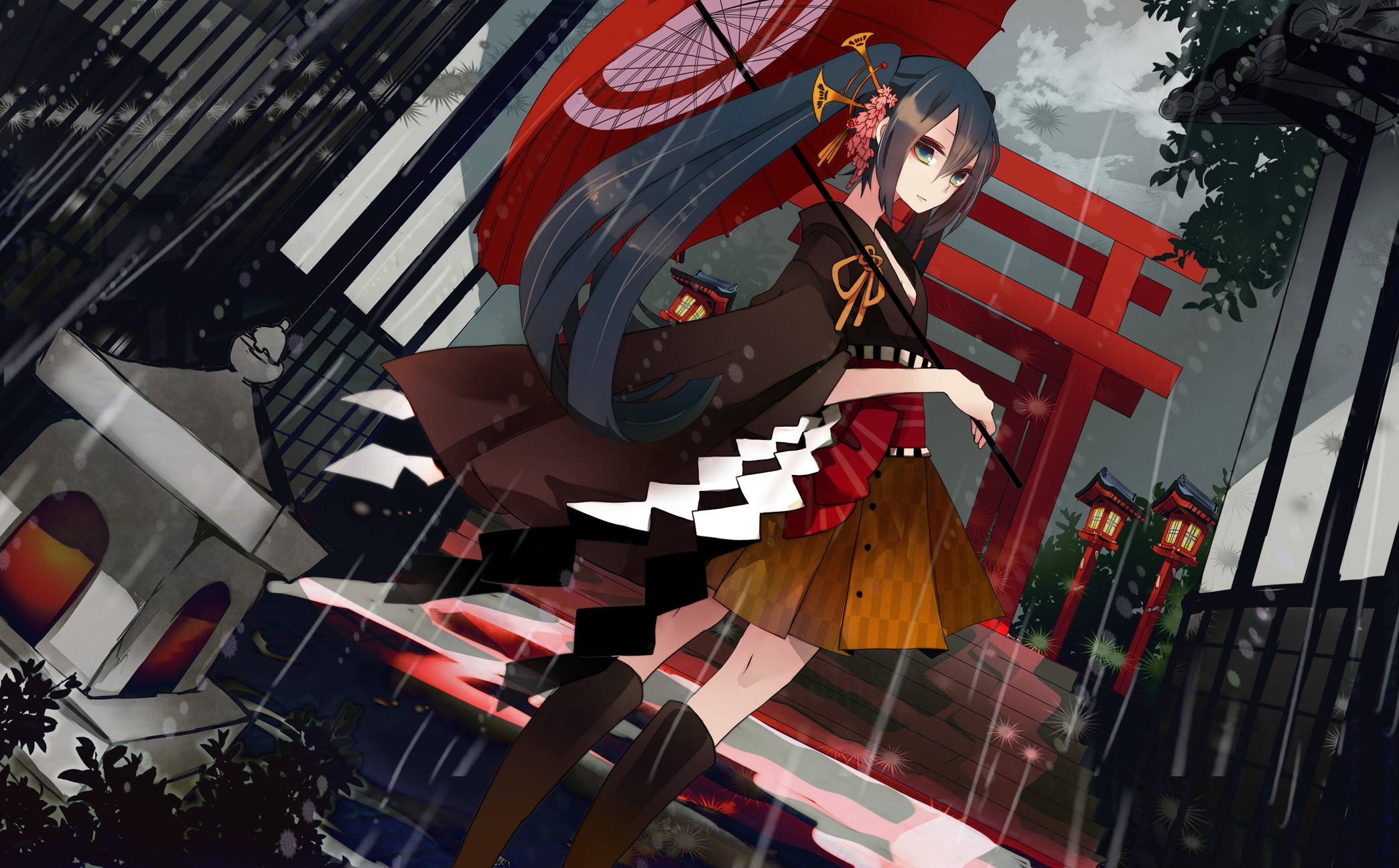 Hatsune Miku in traditional Japanese attire holding an umbrella HD Wallpaper