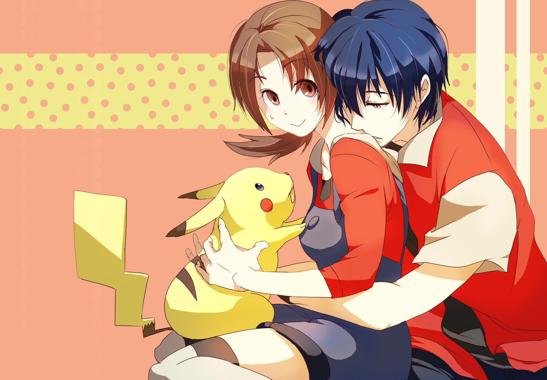 Pikachu with a young man and woman HD Wallpaper