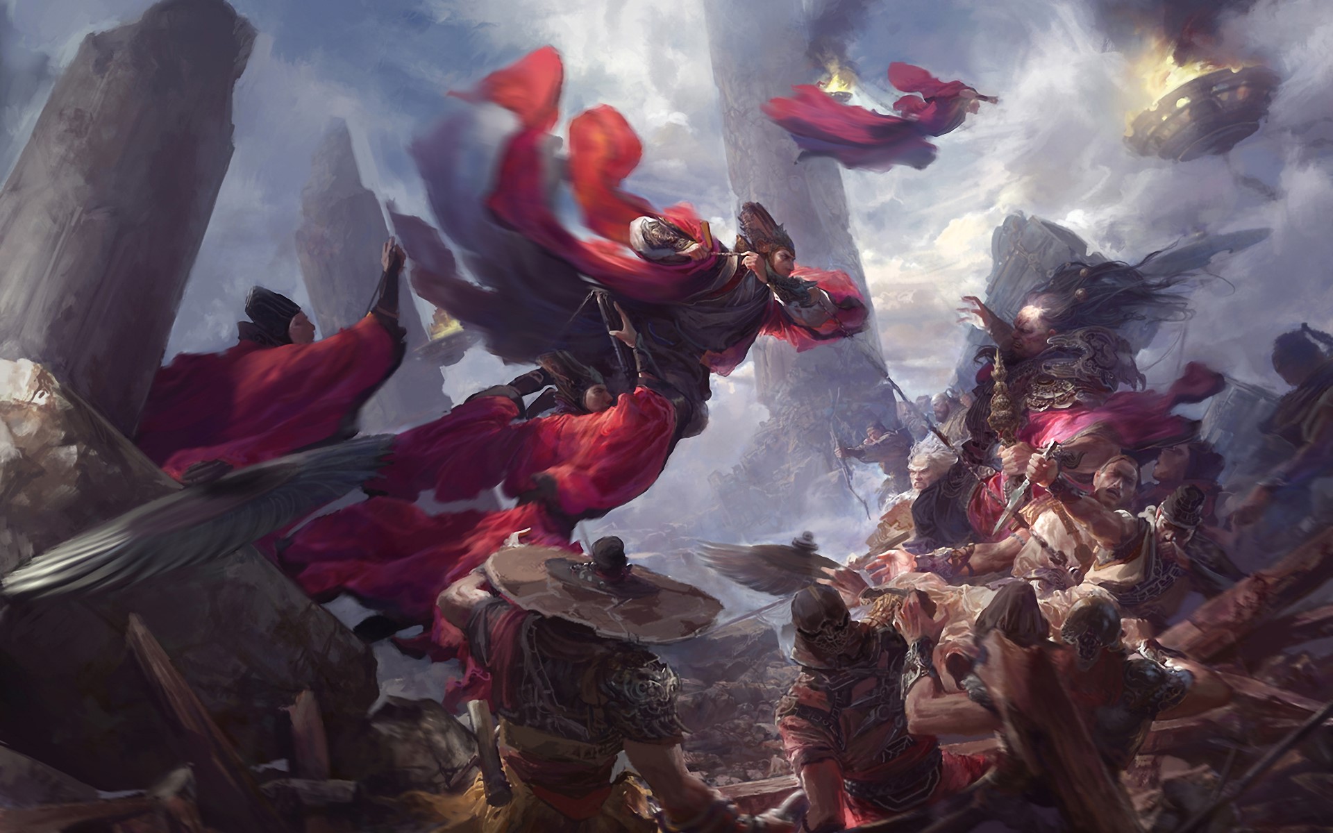 Warriors in red cloaks fighting amidst ruins HD Wallpaper