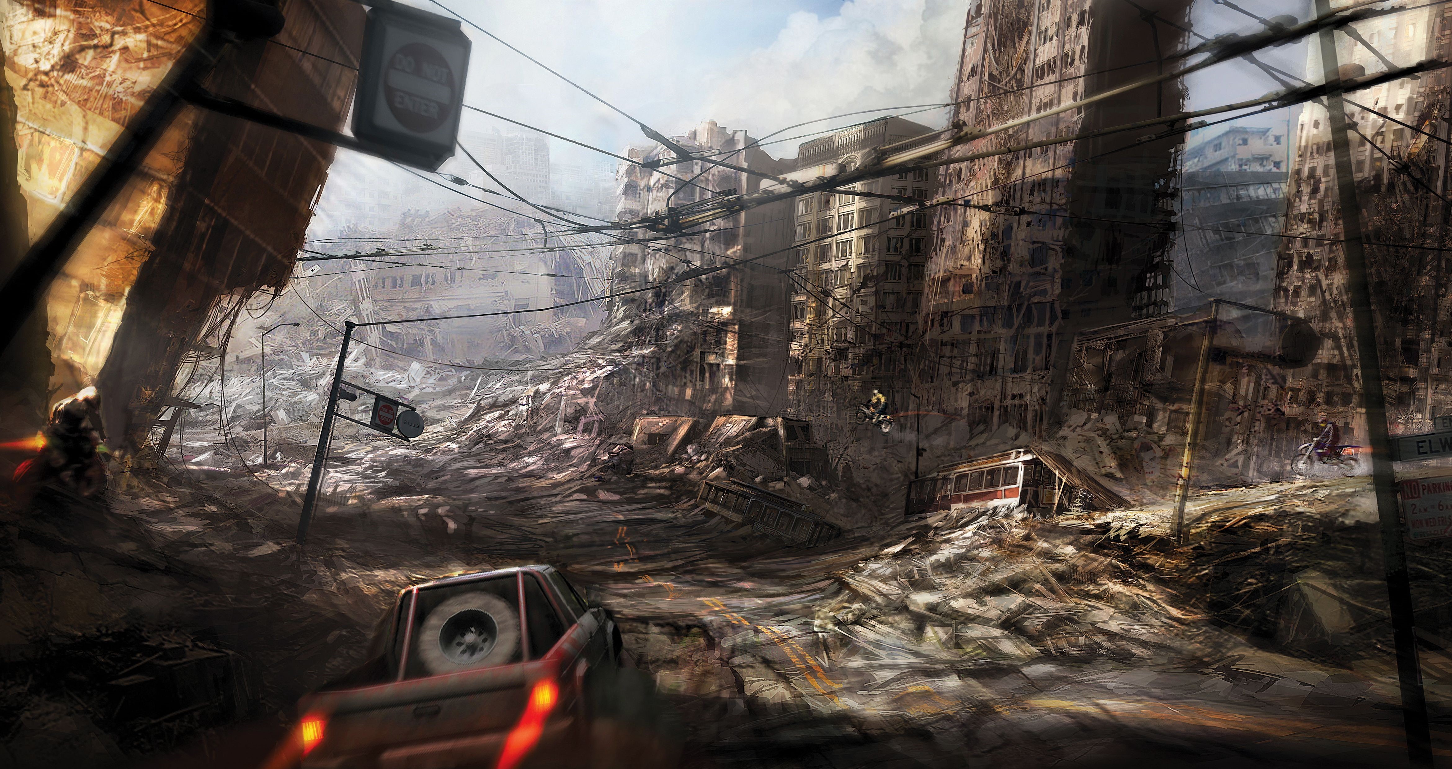 Post-apocalyptic city street with destroyed buildings and vehicles HD Wallpaper