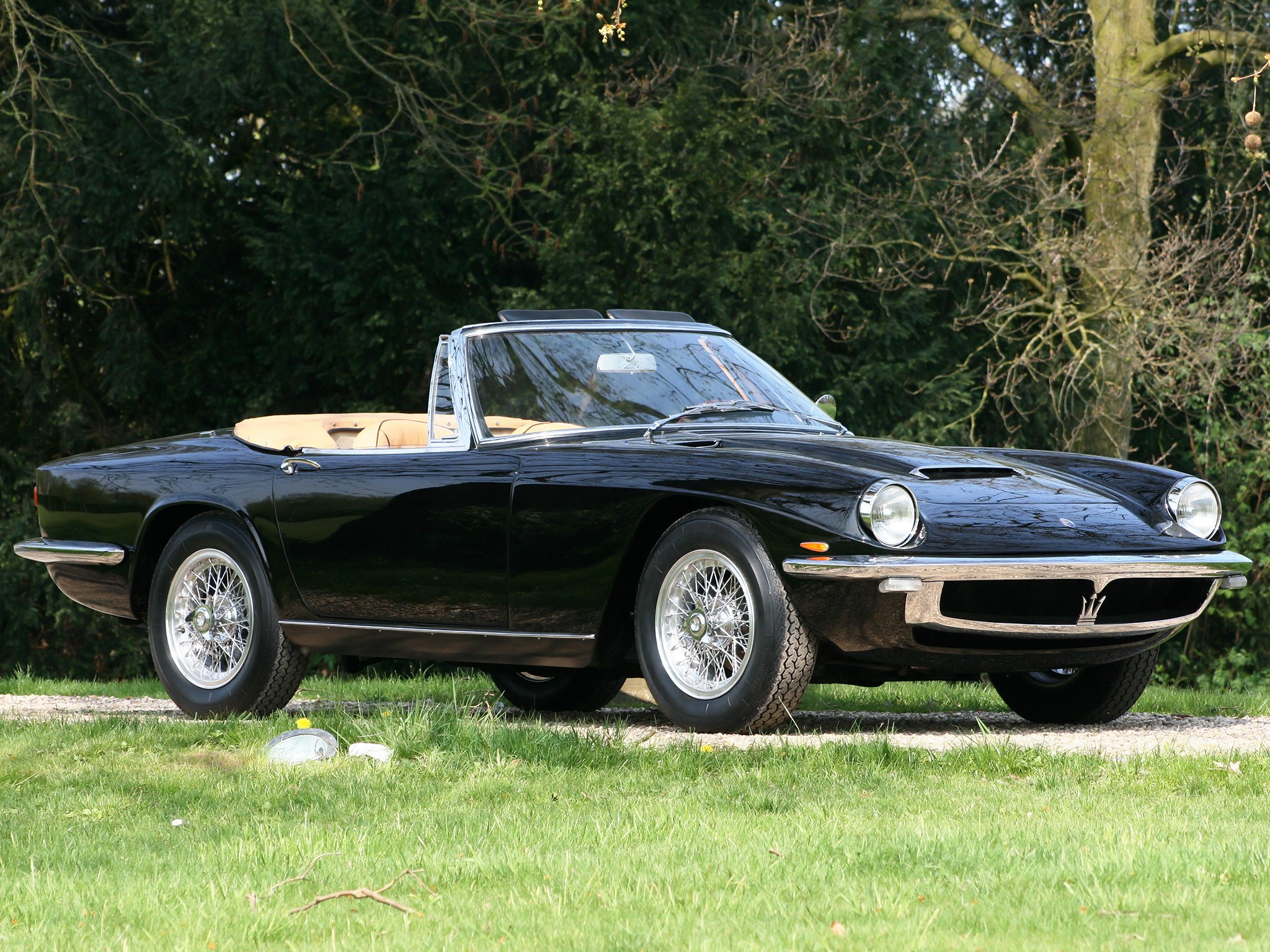 Black Maserati convertible parked on a gravel path HD Wallpaper