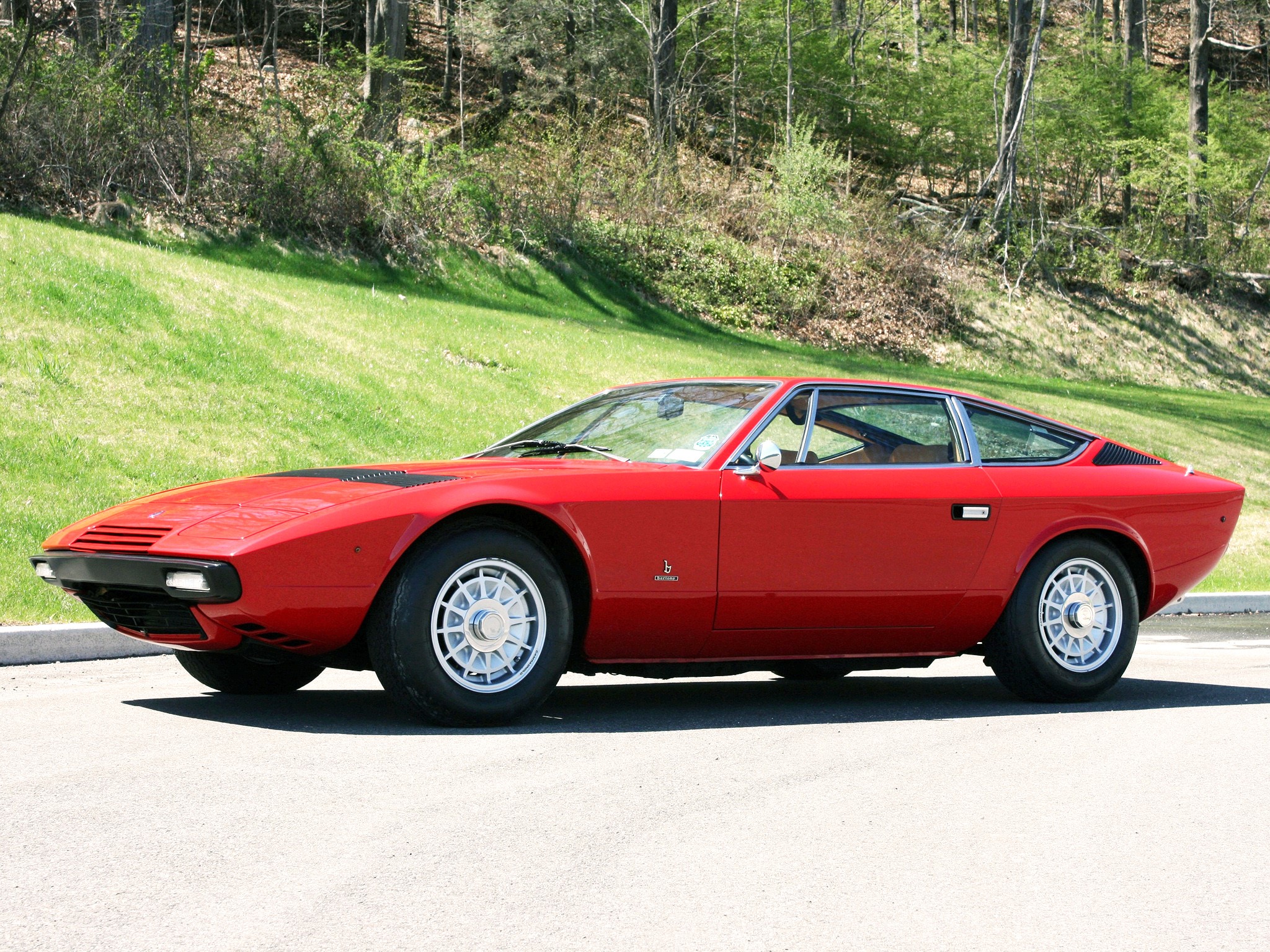 Red Maserati Bora parked on asphalt with trees and grass background HD Wallpaper