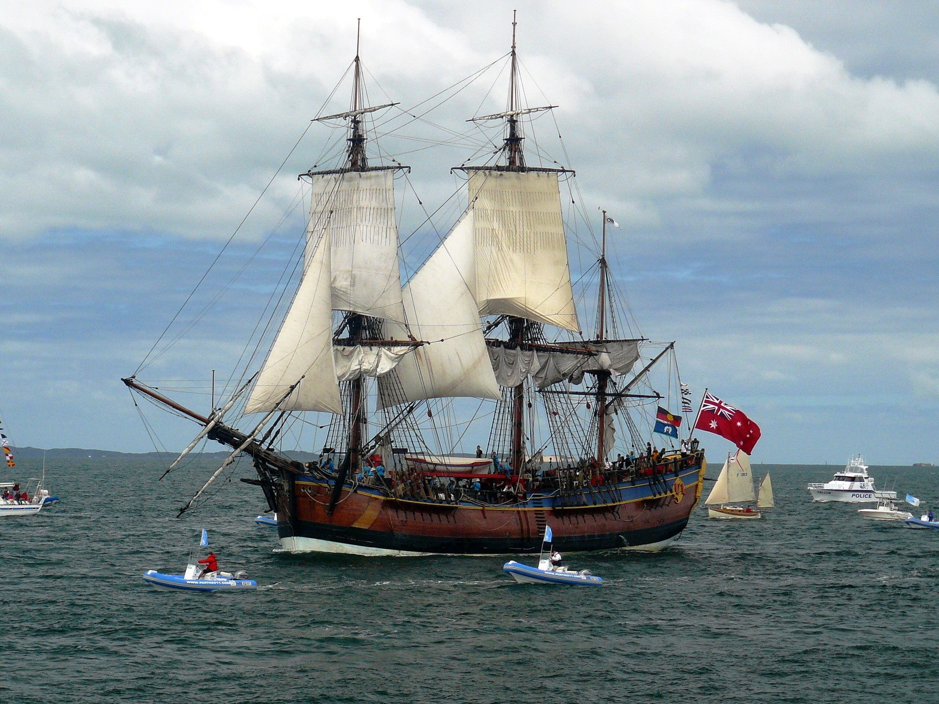 Tall Ship Sailing with Police Boats HD Wallpaper