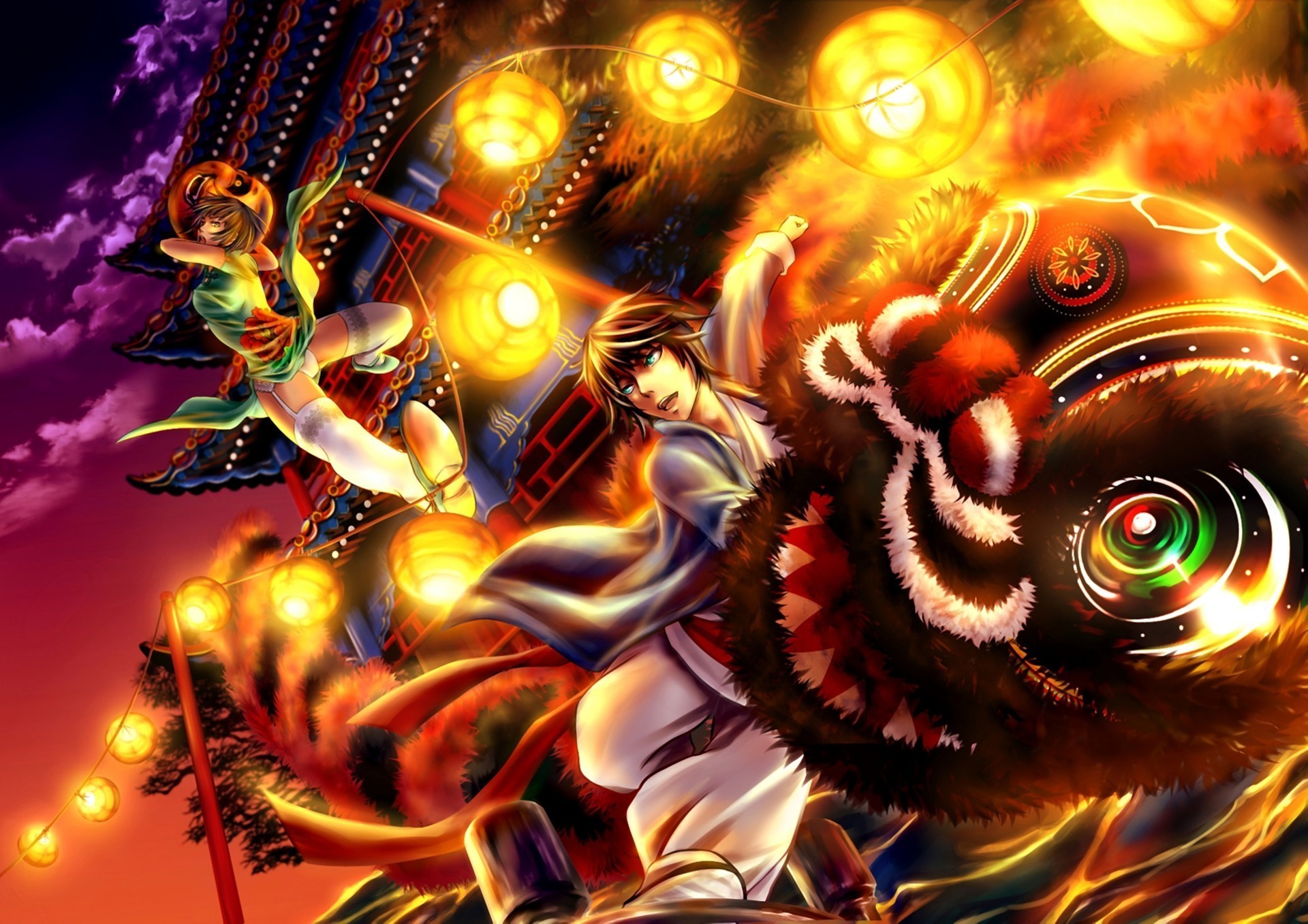 Anime characters performing a lion dance HD Wallpaper