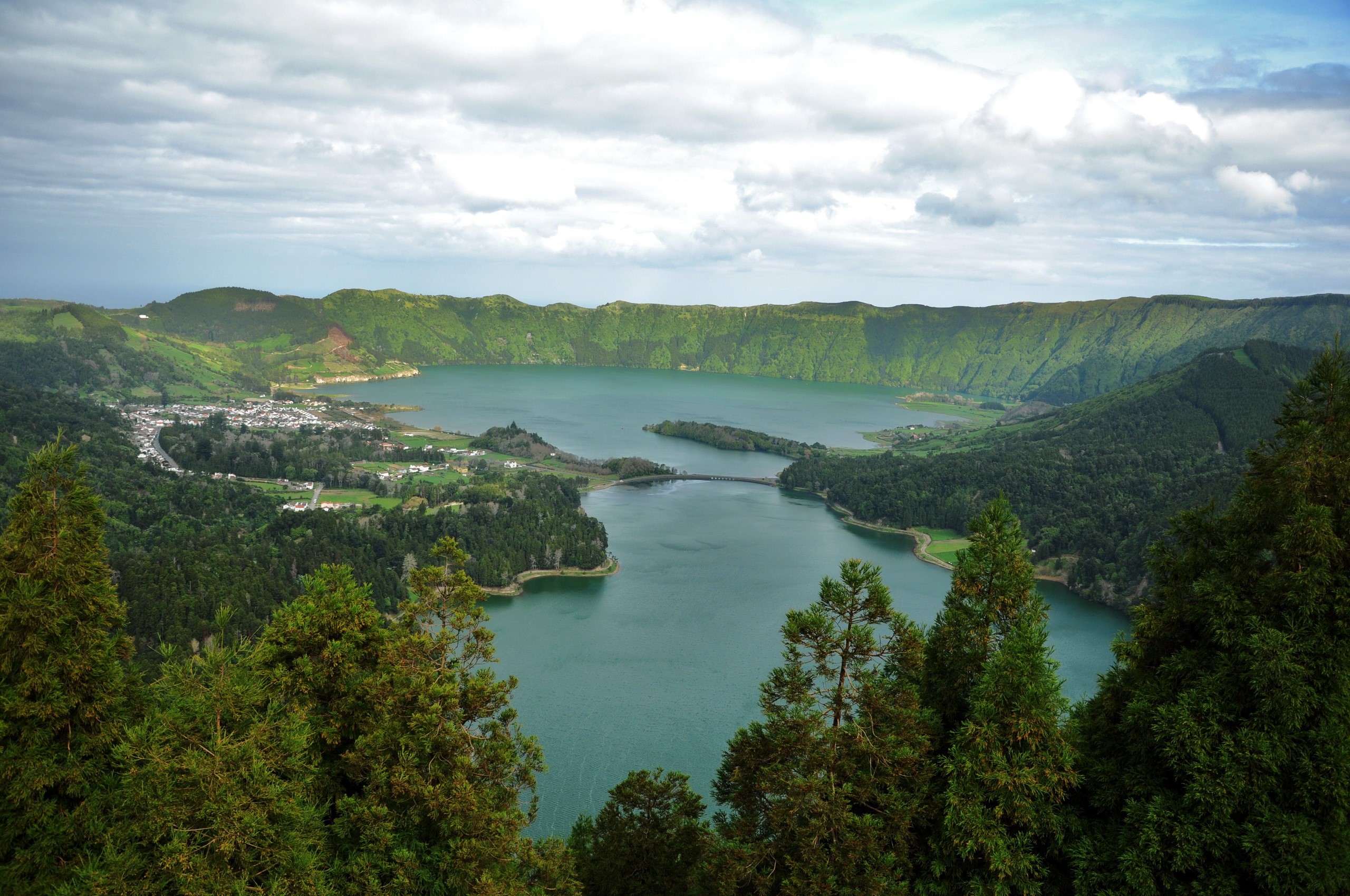 View of Sete Cidades lake and village, Azores, Portugal HD Wallpaper