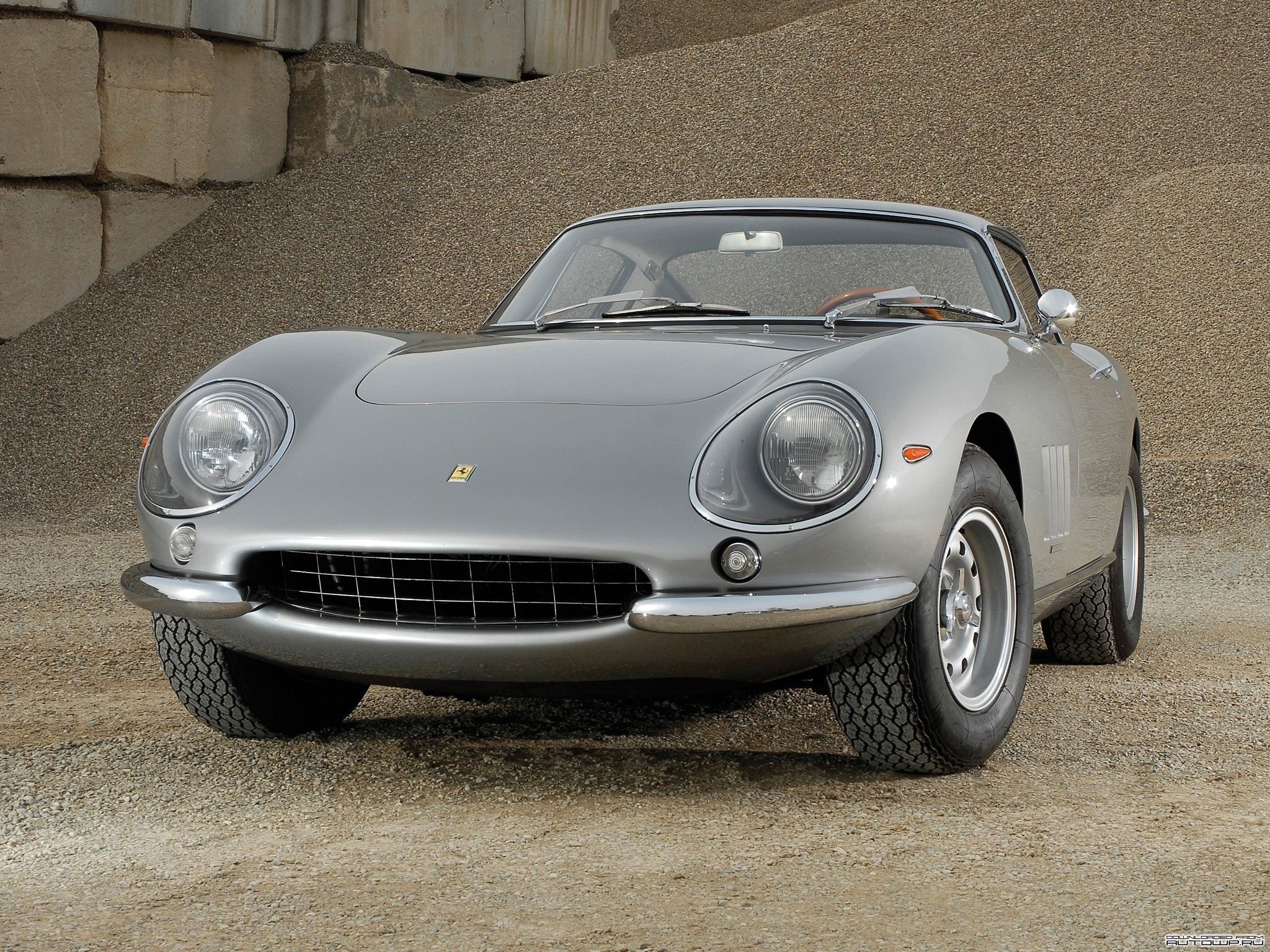 Silver Ferrari 275 GTB/4 parked on gravel HD Wallpaper