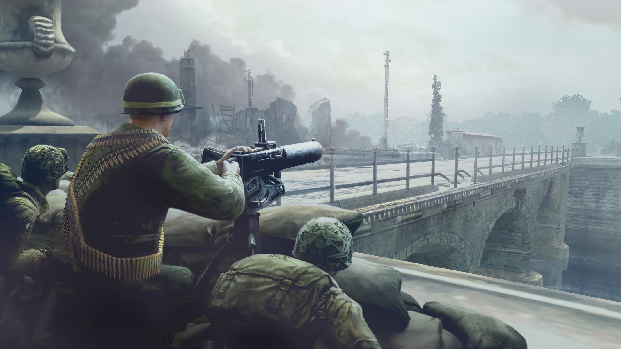 Soldiers manning a machine gun near a bridge HD Wallpaper