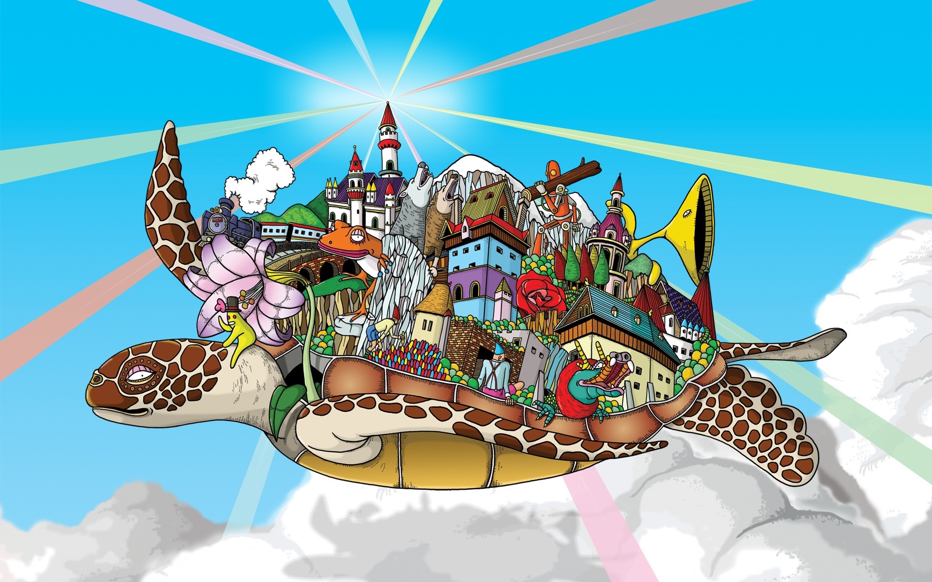 A fantastical turtle city in the sky HD Wallpaper