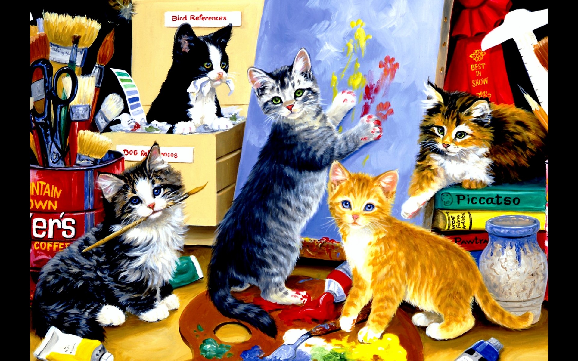Kittens painting with art supplies HD Wallpaper