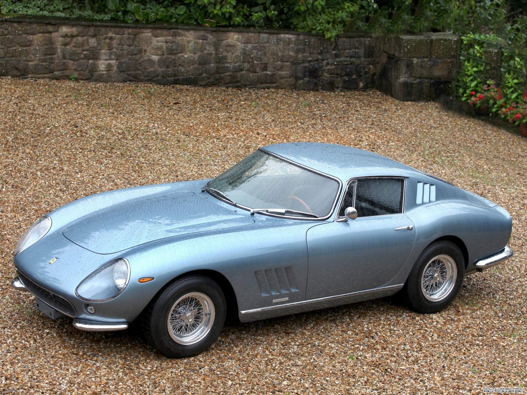 Light Blue Ferrari 275 GTB/4 parked on gravel HD Wallpaper