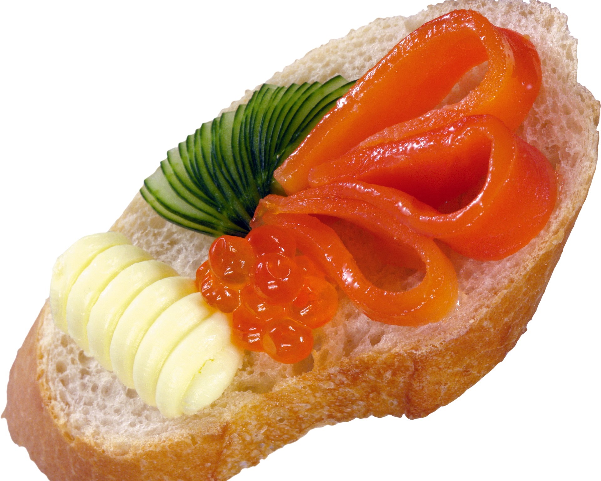 Open-faced sandwich with salmon, cucumber, and butter HD Wallpaper