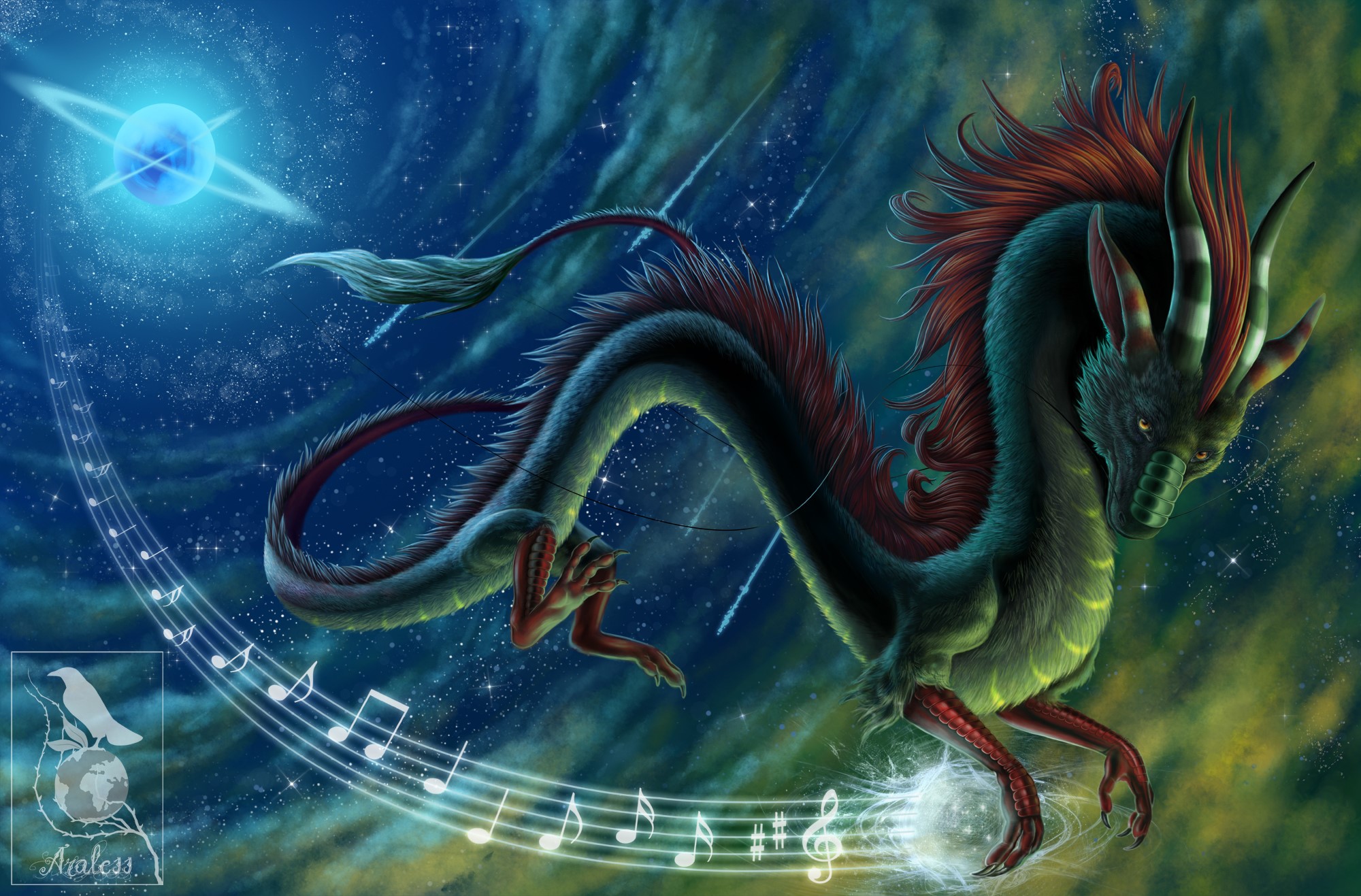 Dragon flying through space with musical notes HD Wallpaper
