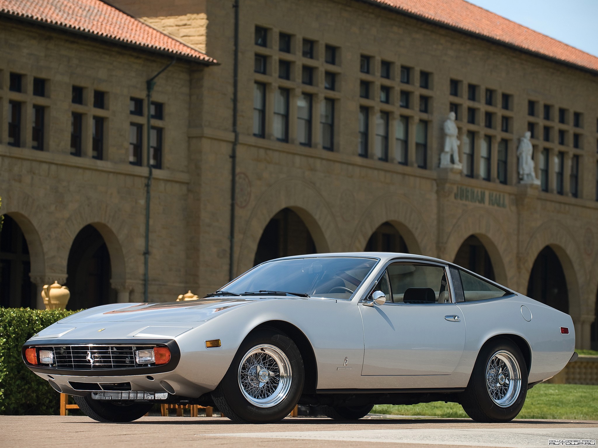Silver Ferrari 365 GT4 2+2 parked in front of Jordan Hall HD Wallpaper