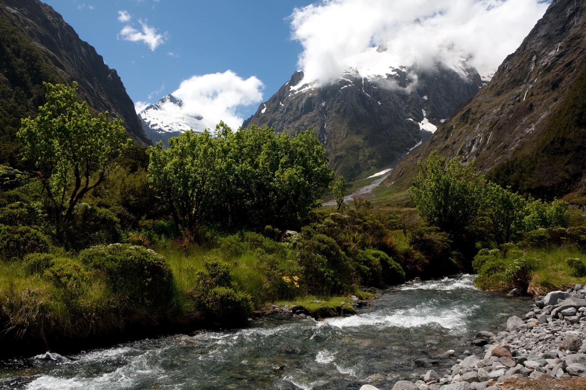 River flowing through a valley with snow-capped mountains in New Zealand HD Wallpaper
