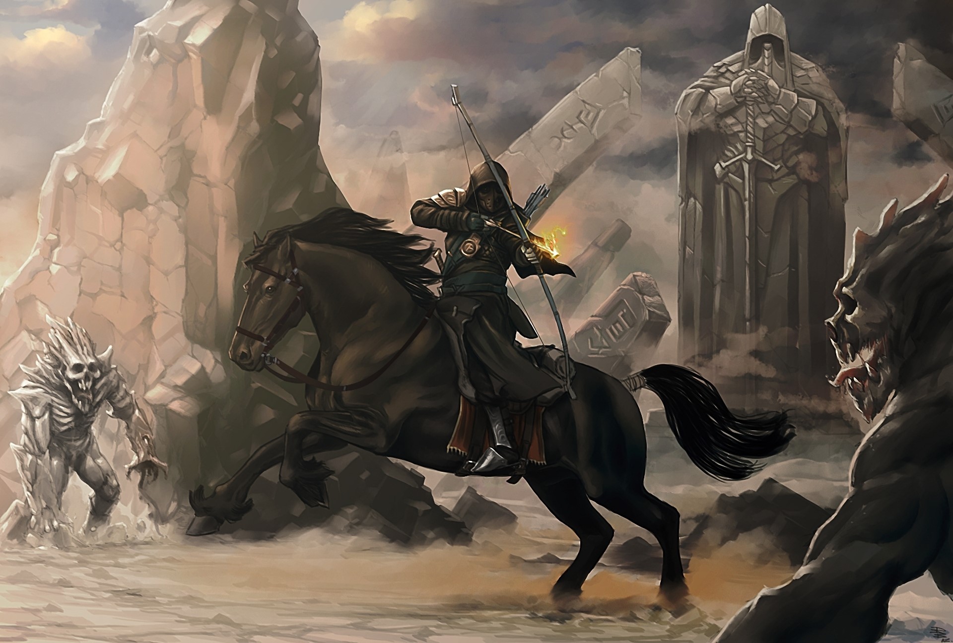 Archer on horseback fighting monsters in ruins HD Wallpaper