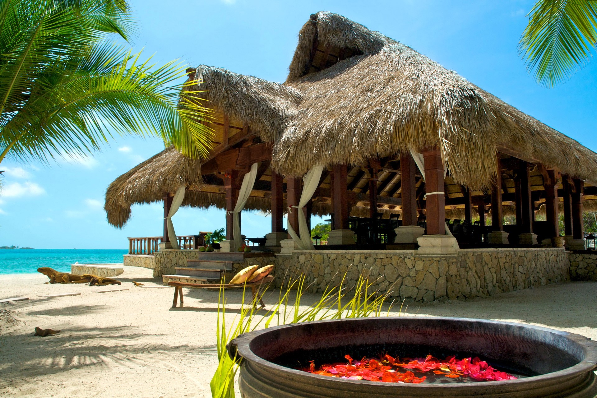 Tropical beach resort with thatched-roof cabana and ocean view HD Wallpaper