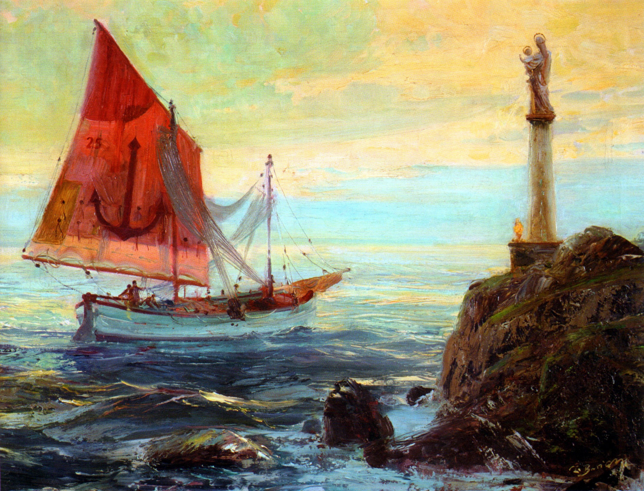Sailboat near a statue on a cliff HD Wallpaper