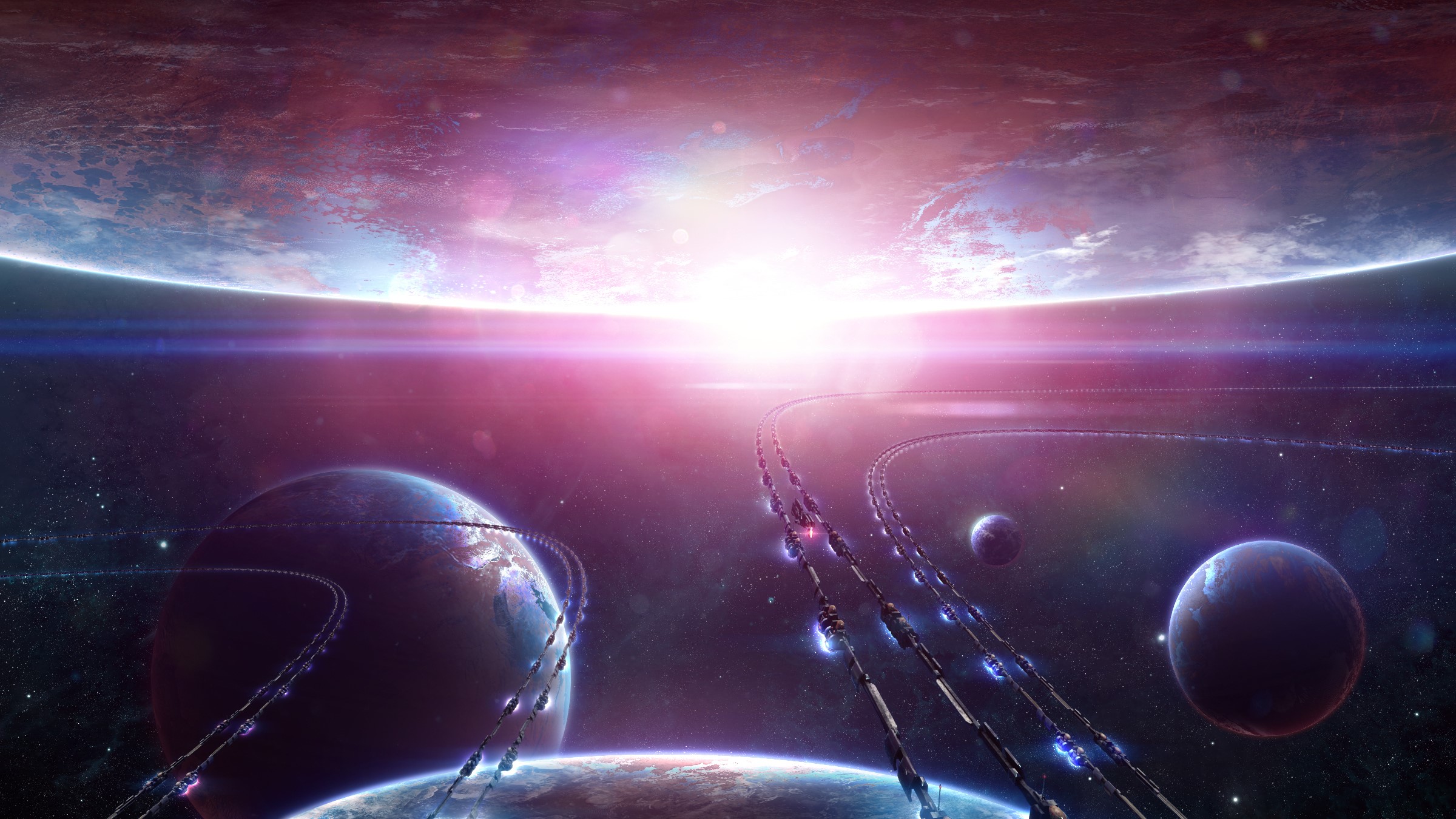 Sci-fi planets with orbital rings and a bright sun HD Wallpaper