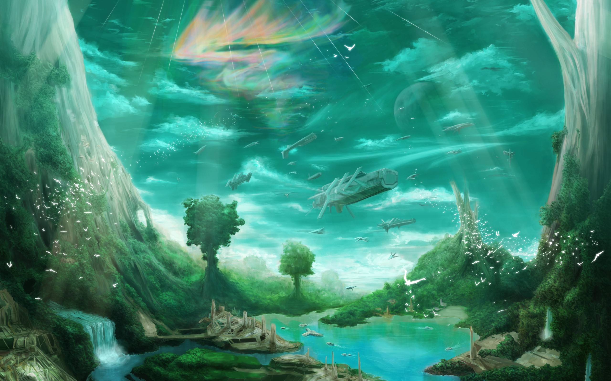 Fantastic world with flying vehicles and waterfalls HD Wallpaper