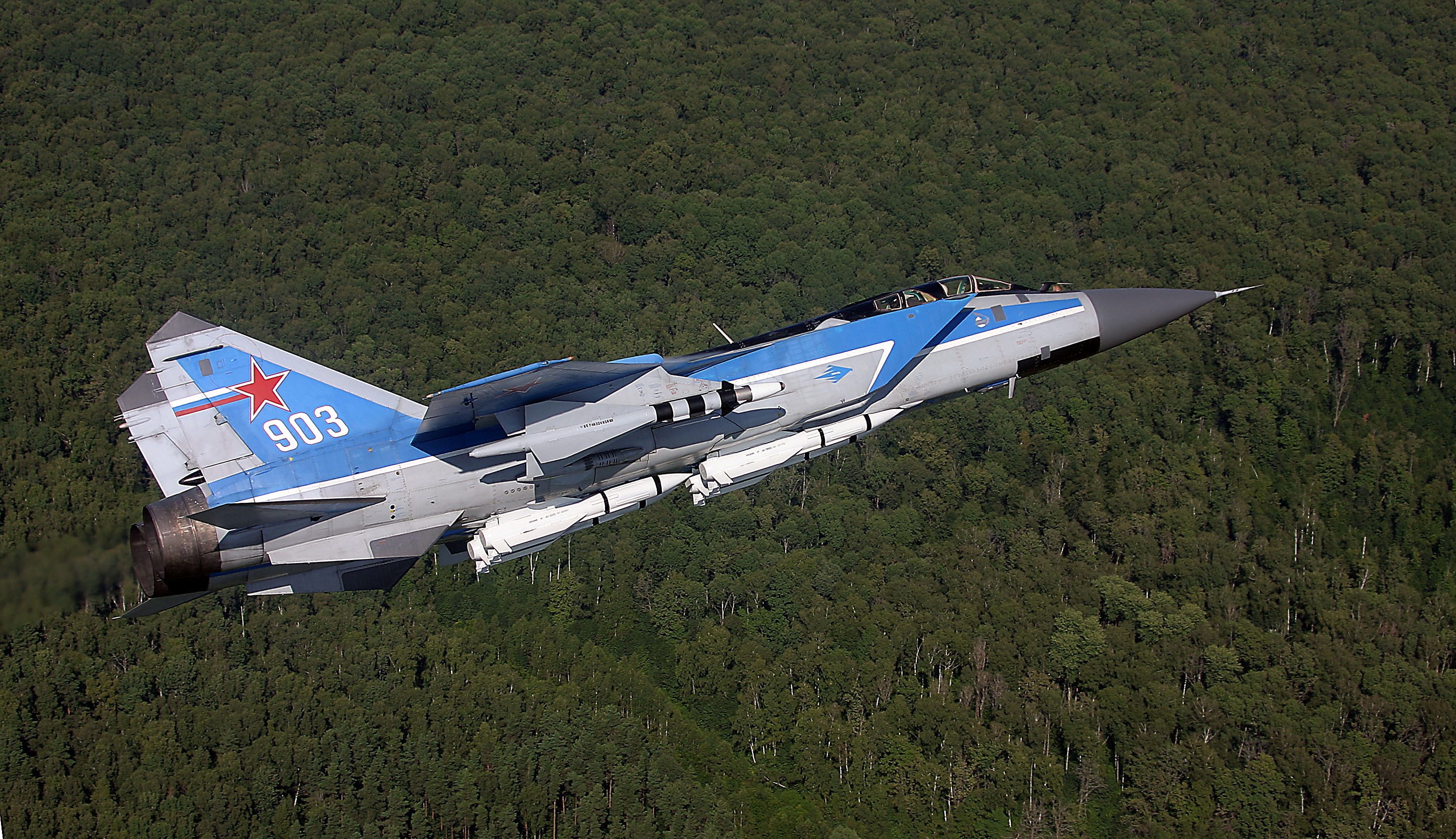 Russian MiG-31 fighter jet flying over forest HD Wallpaper