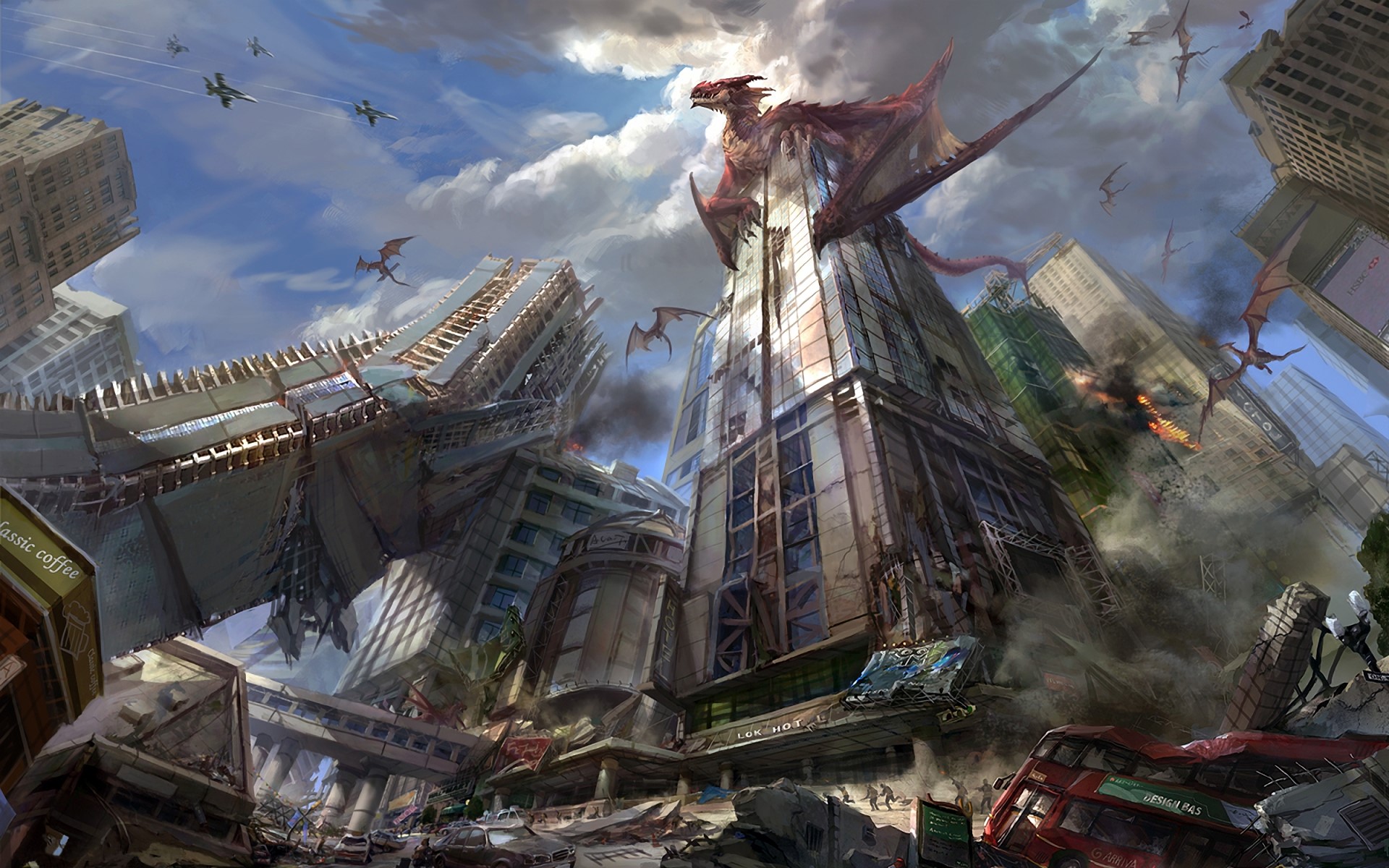 Dragons attacking a destroyed city with fighter jets HD Wallpaper