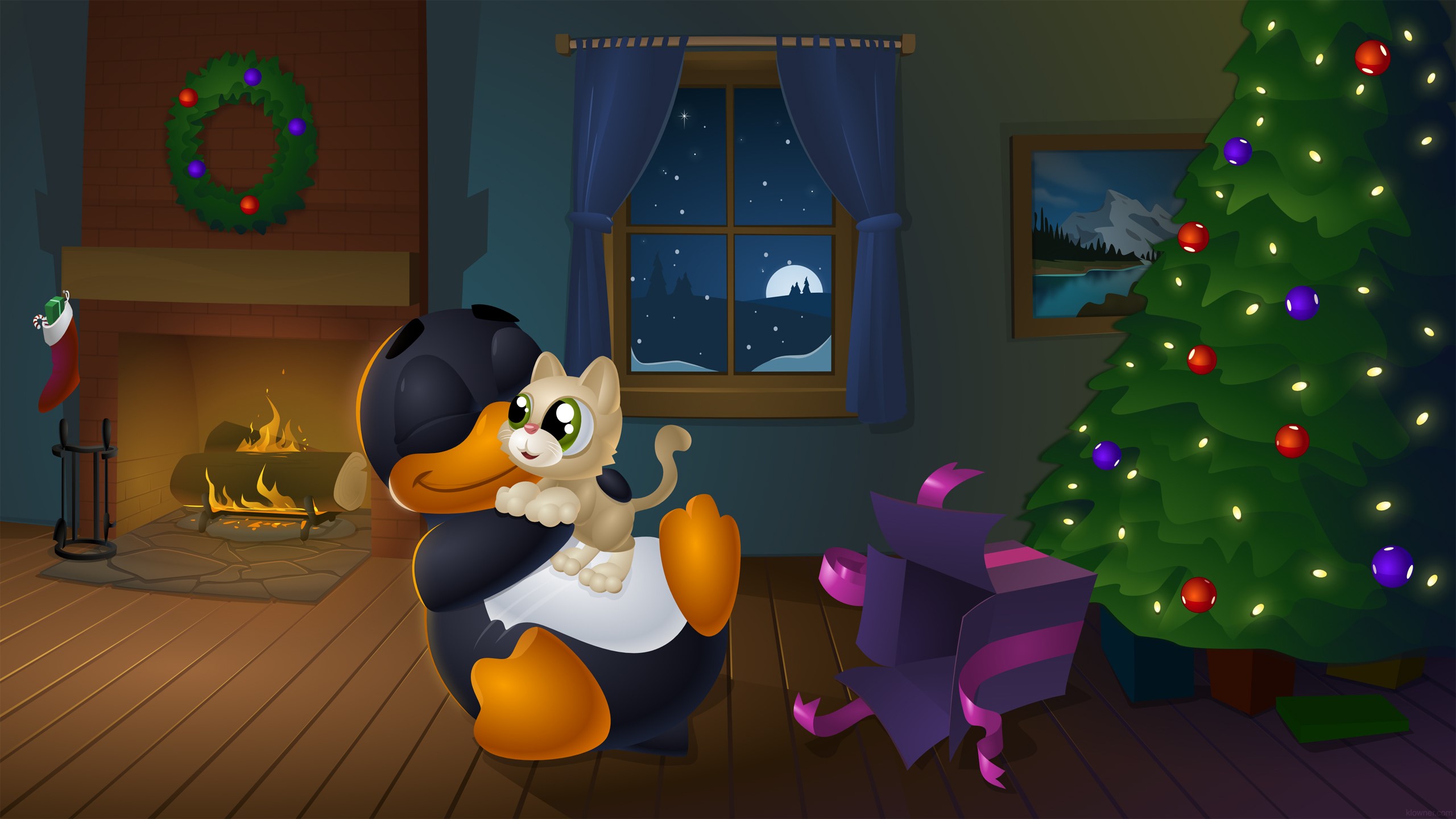 Duck and Cat by Christmas Tree HD Wallpaper