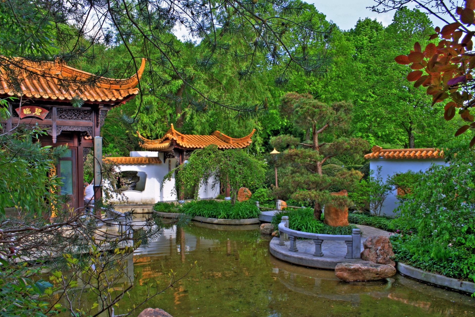 Chinese Garden with Pond and Pagodas in Munich, Germany HD Wallpaper