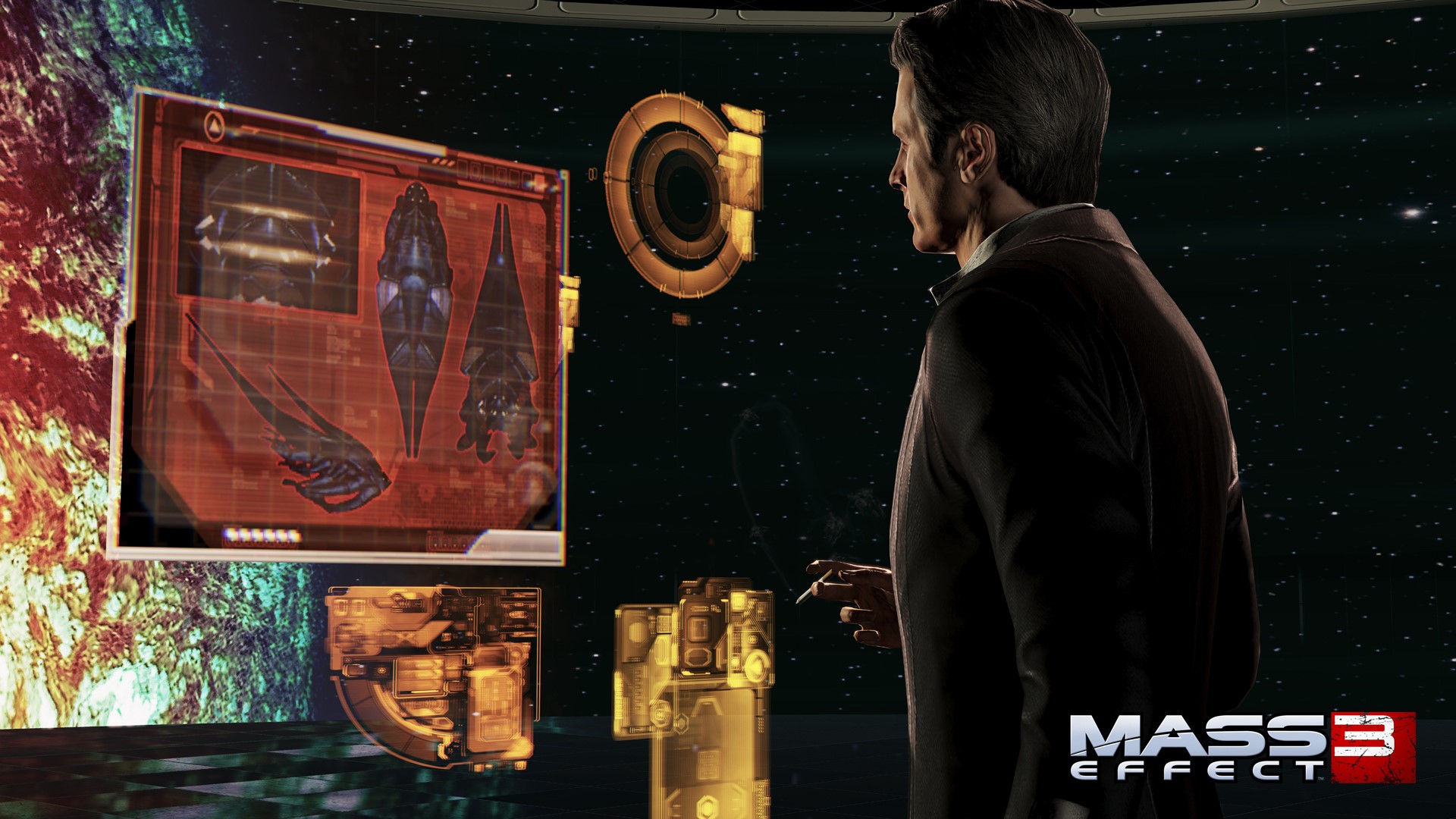 Man looking at holographic displays in Mass Effect 3 HD Wallpaper