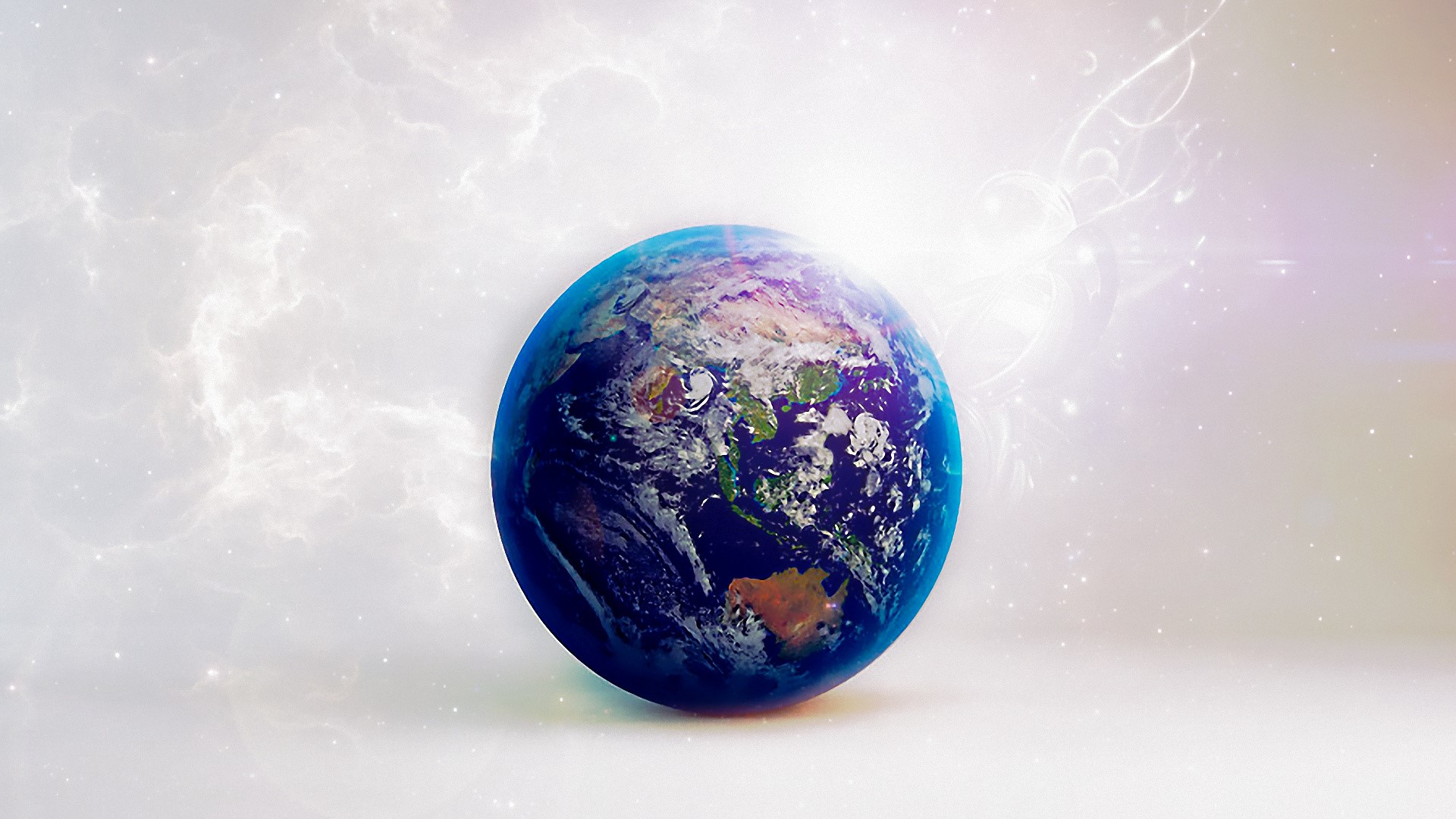 Earth floating in a bright, cloudy, cosmic background HD Wallpaper