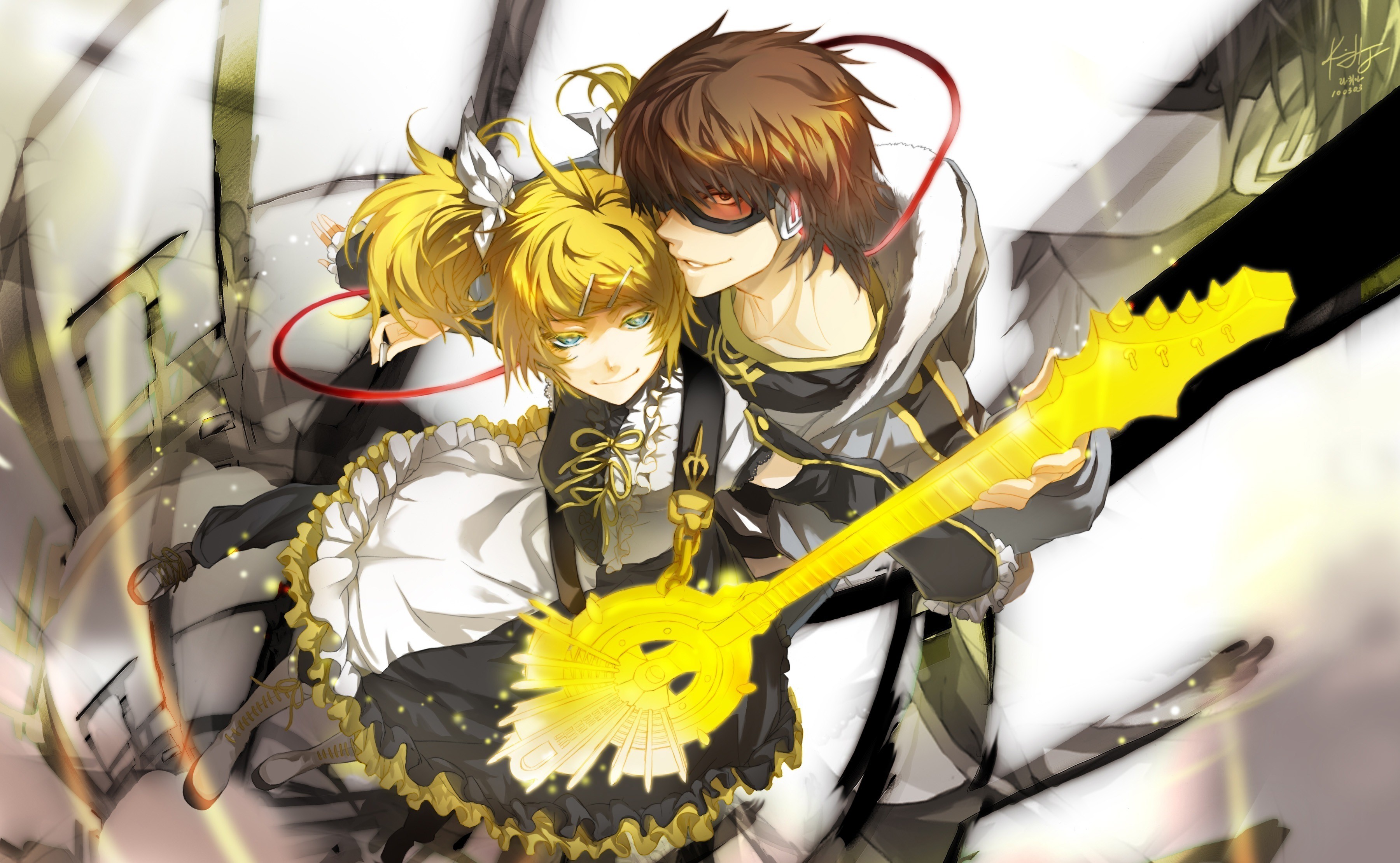 Vocaloid Rin Kagamine and Len Kagamine with a guitar HD Wallpaper