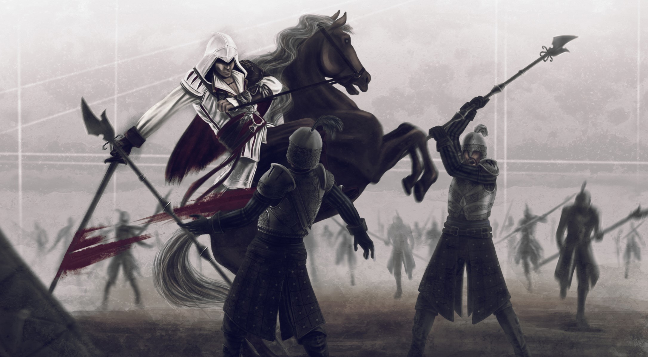 Ezio Auditore from Assassin's Creed in battle on horseback HD Wallpaper
