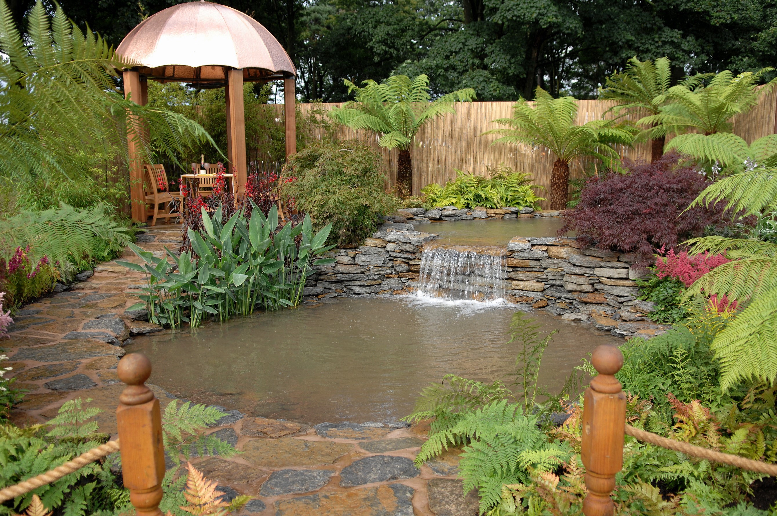 Garden with a pond and gazebo HD Wallpaper