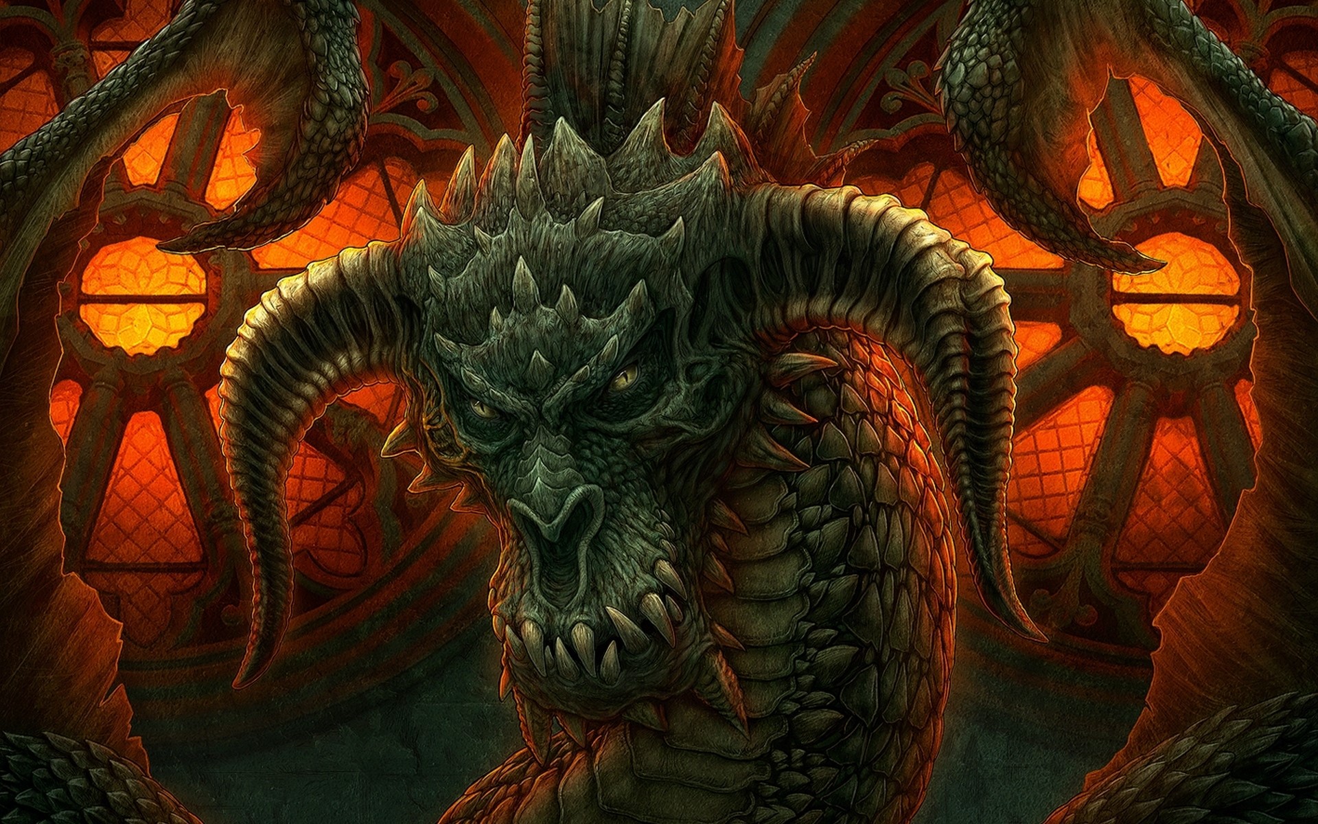 Dragon with horns in front of stained glass window HD Wallpaper