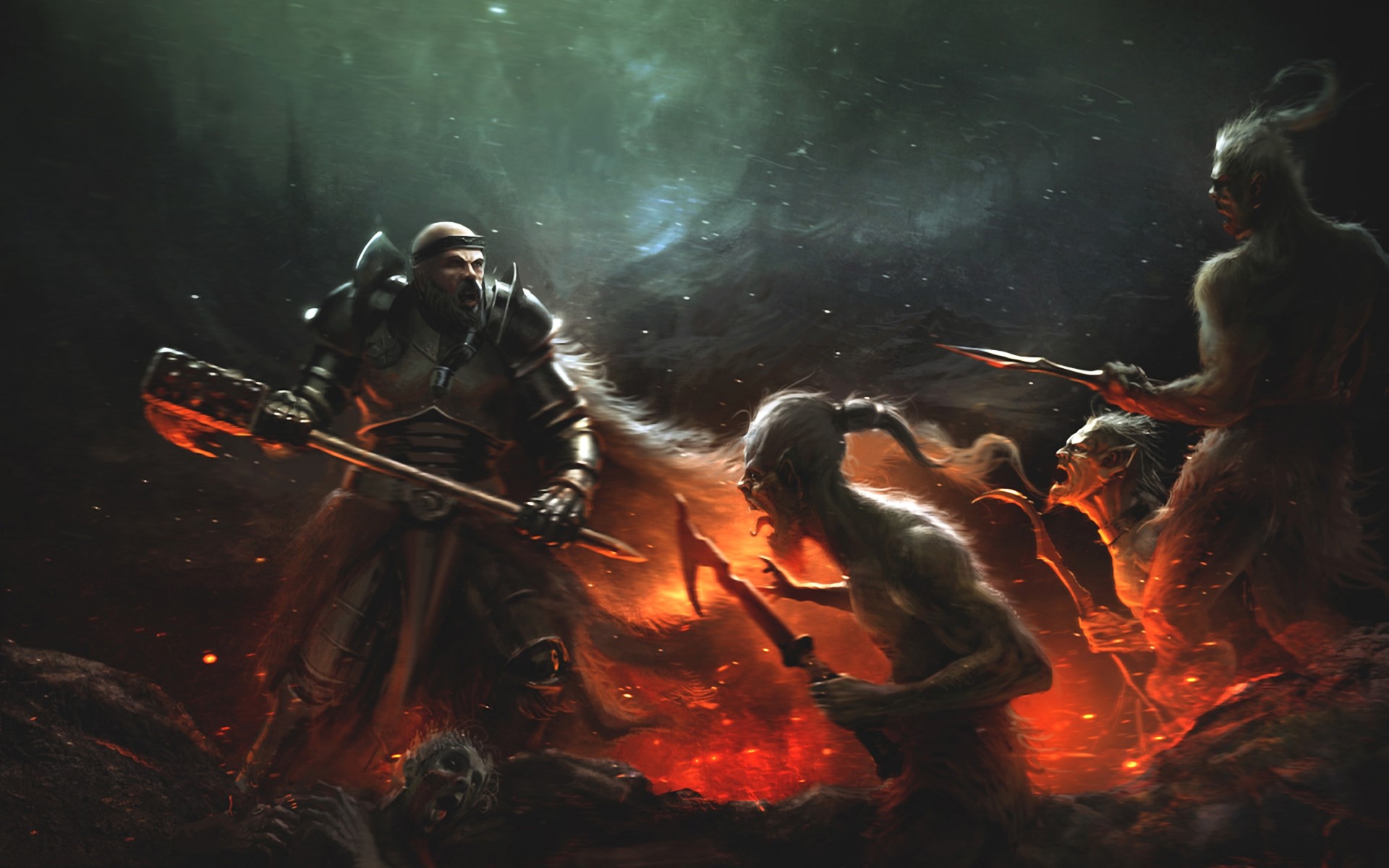 Knight fighting demons in a fiery landscape HD Wallpaper