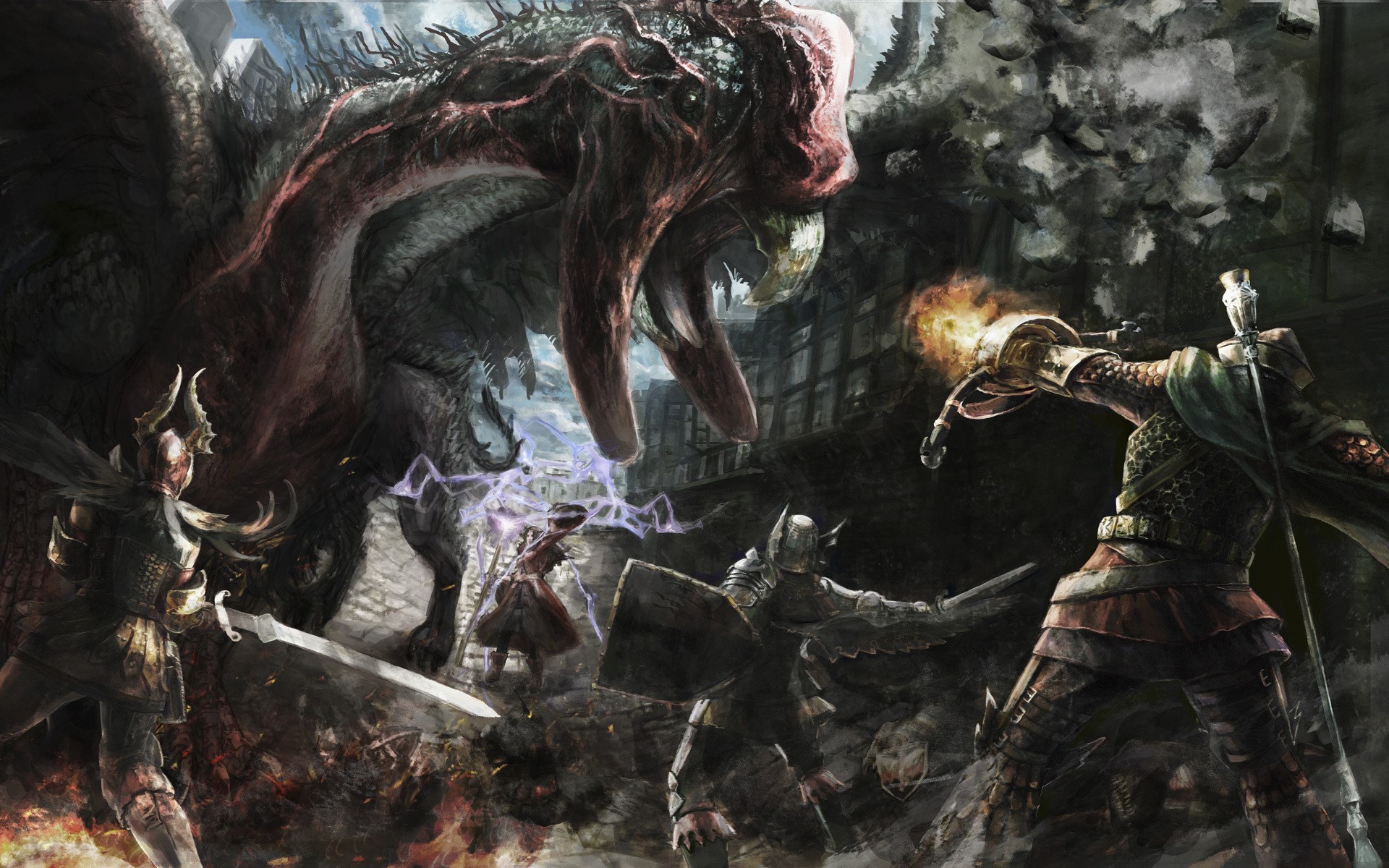 Dragon's Dogma: Dragon fight with knights and mages HD Wallpaper