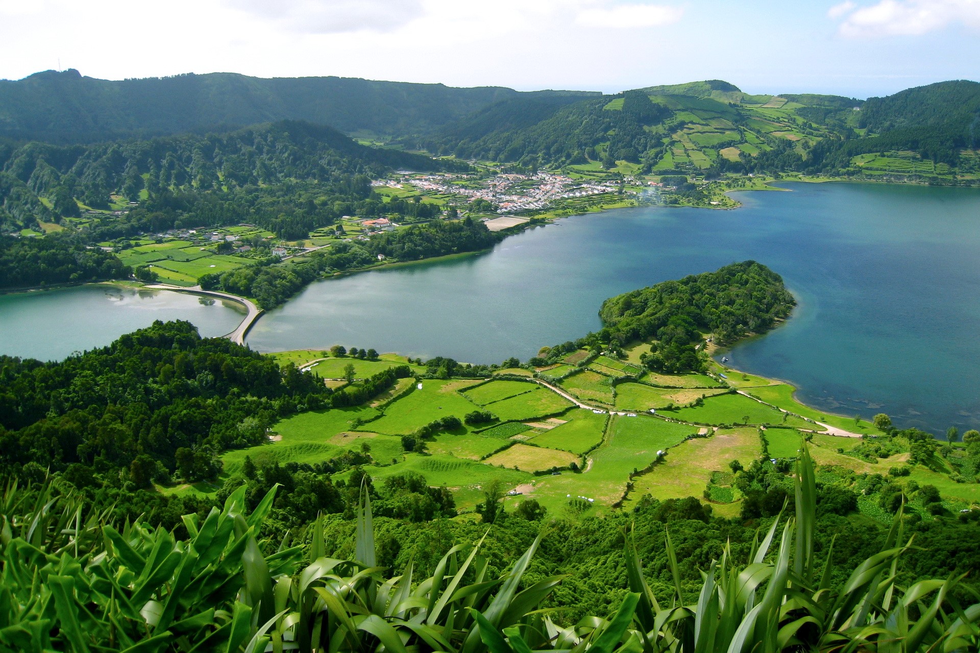 View of Sete Cidades lake and village, Azores, Portugal HD Wallpaper