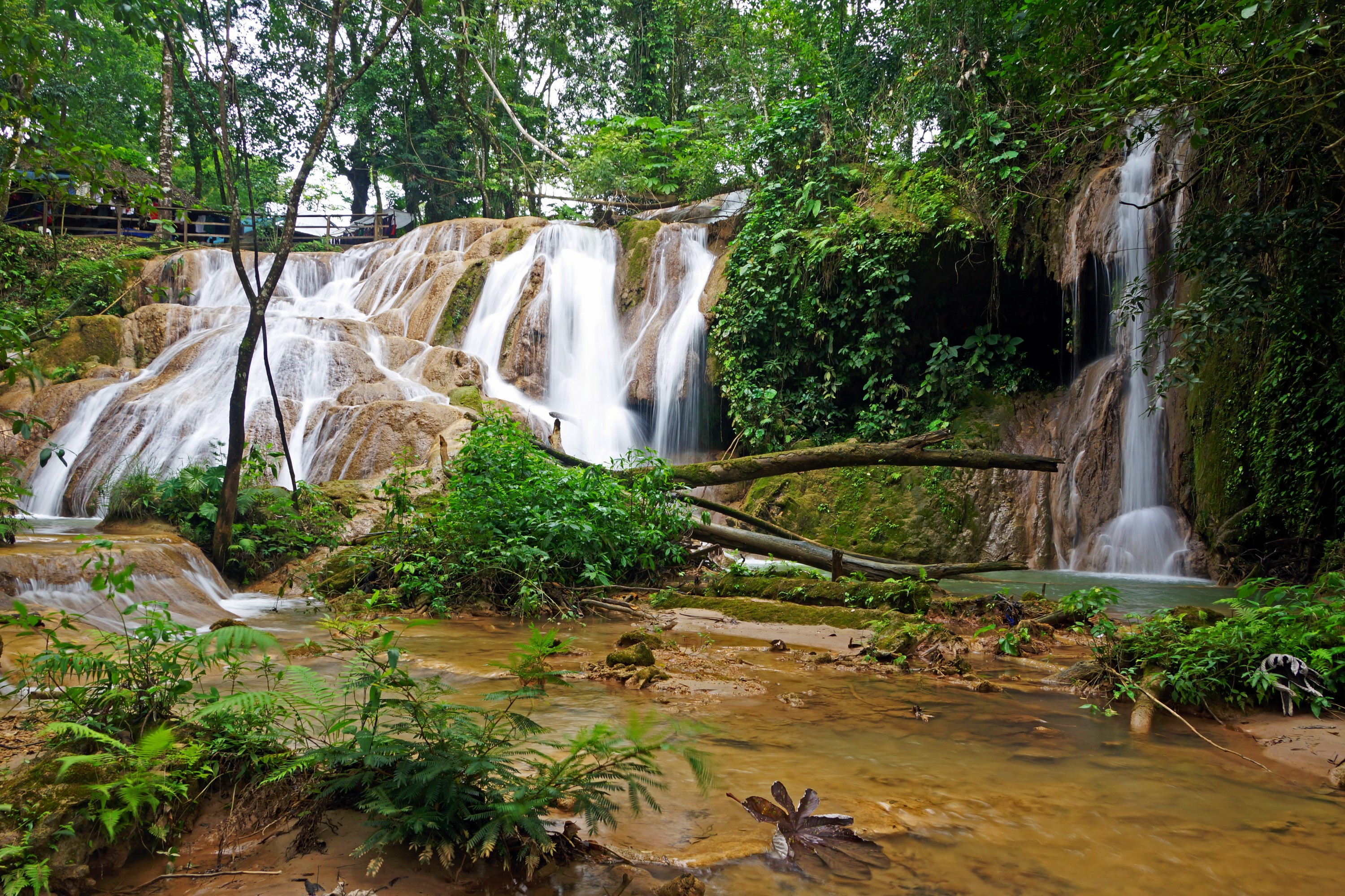 Cascading waterfalls in a lush jungle setting HD Wallpaper