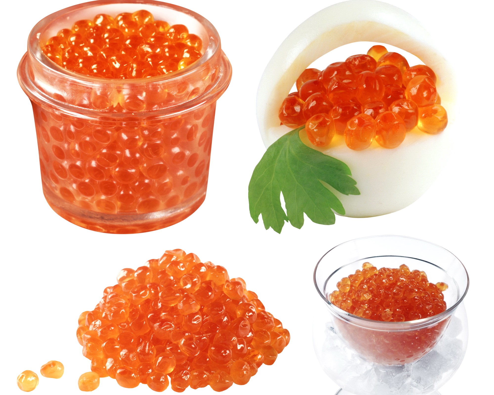 Red caviar in a jar, on a hard-boiled egg, and in a bowl HD Wallpaper