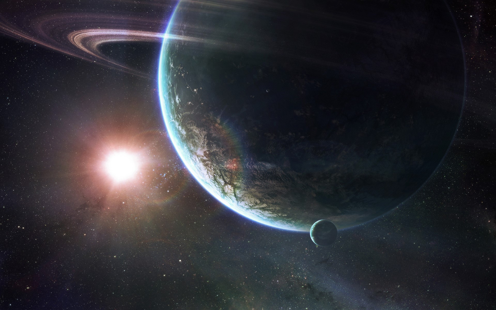 Planet with rings and moon near a star HD Wallpaper
