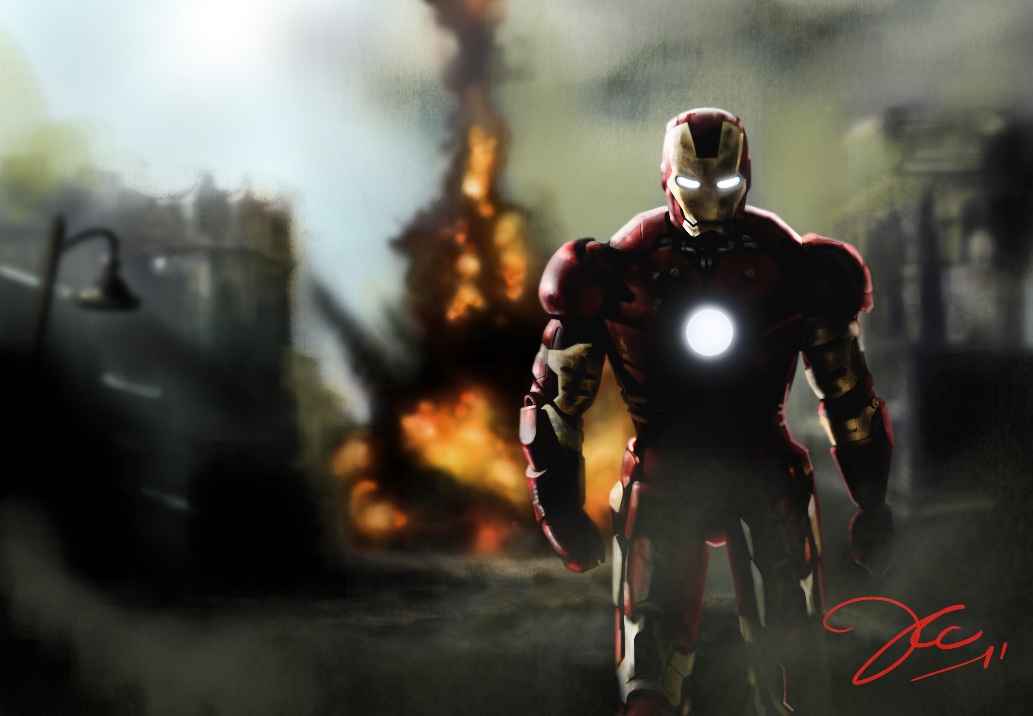 Iron Man in a burning city HD Wallpaper