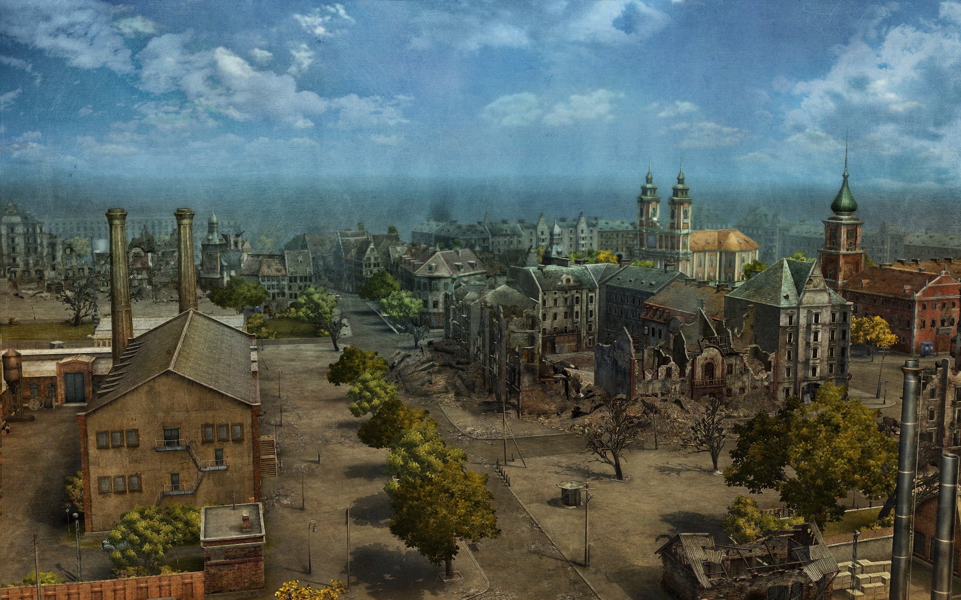 Ruined city with factory and church in World of Tanks HD Wallpaper