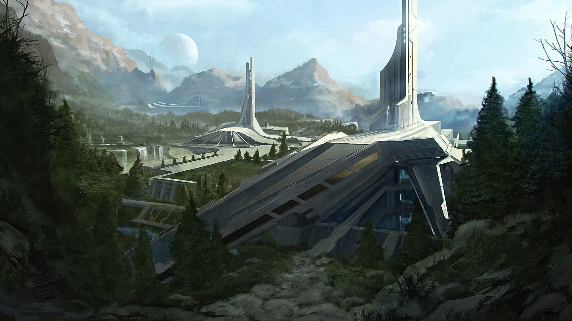 Futuristic architecture in a mountainous landscape HD Wallpaper