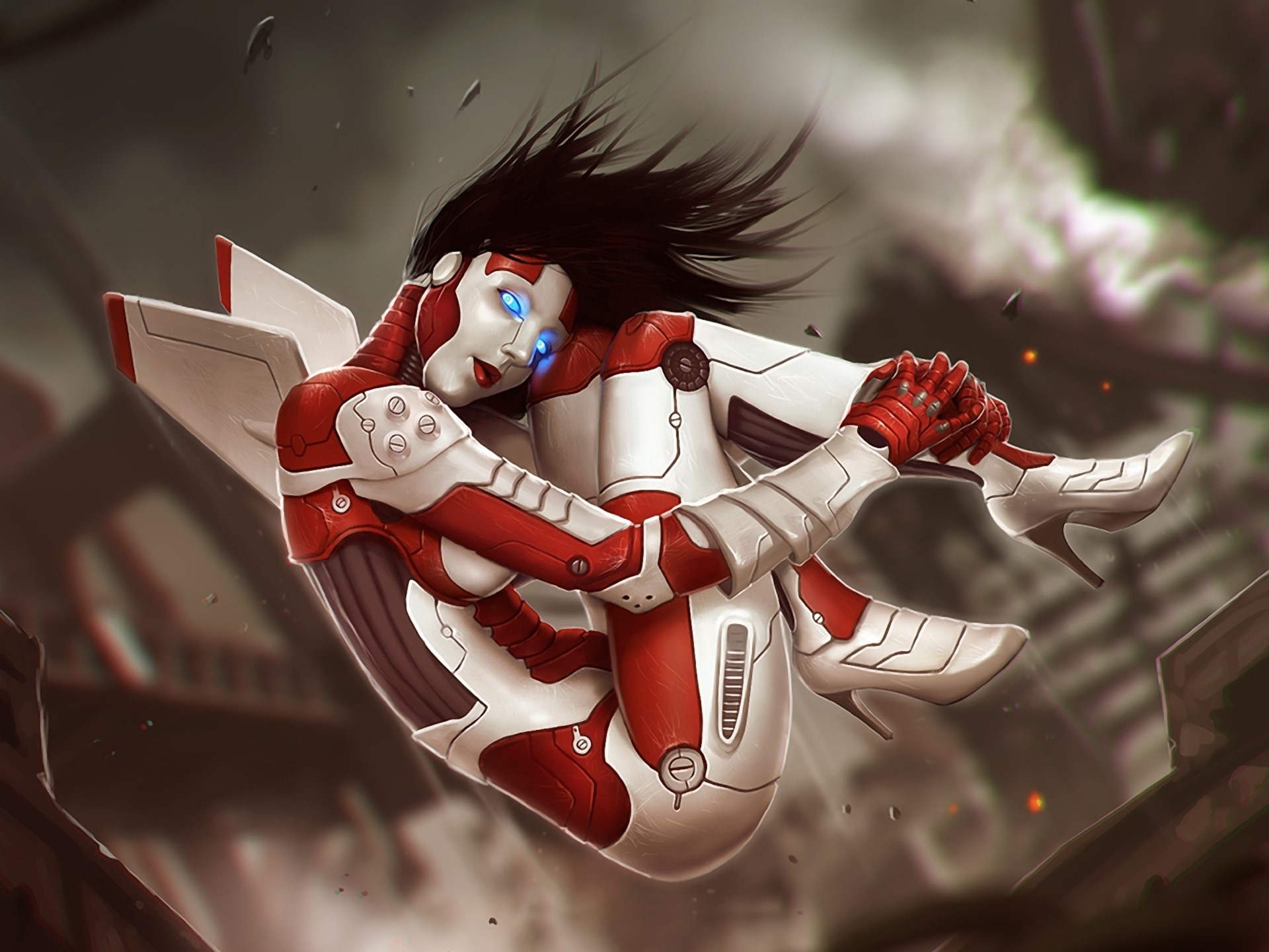 Robot girl with blue eyes and red accents HD Wallpaper