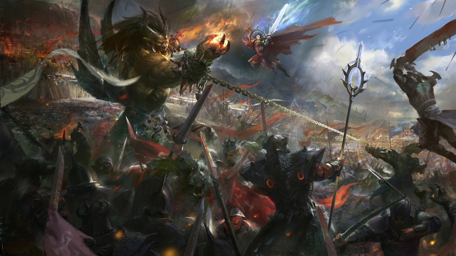Giant demon fighting a winged warrior amidst a chaotic battle HD Wallpaper