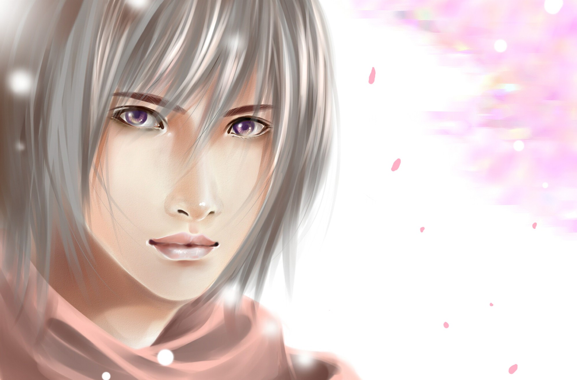 Young man with purple eyes and pink scarf HD Wallpaper