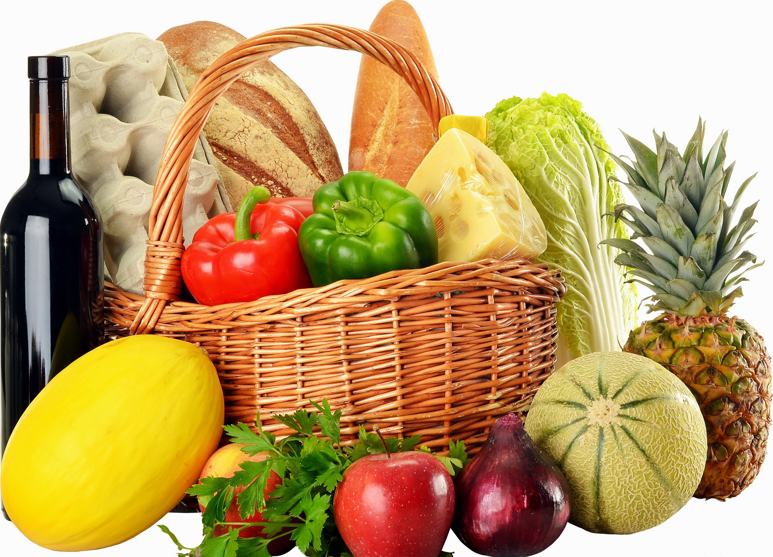 Wicker basket filled with groceries and produce HD Wallpaper