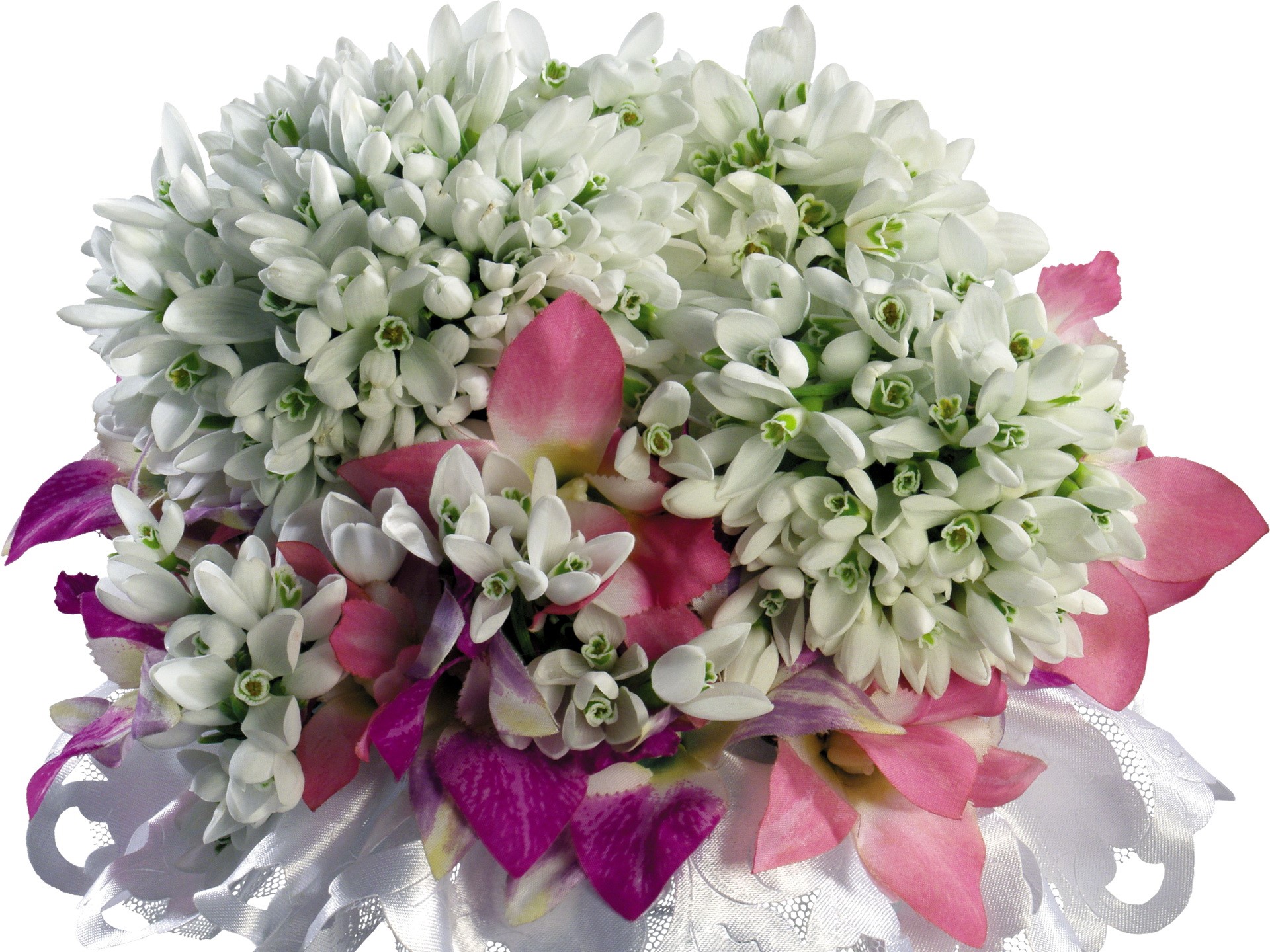 Bouquet of white snowdrops and pink orchids with lace HD Wallpaper