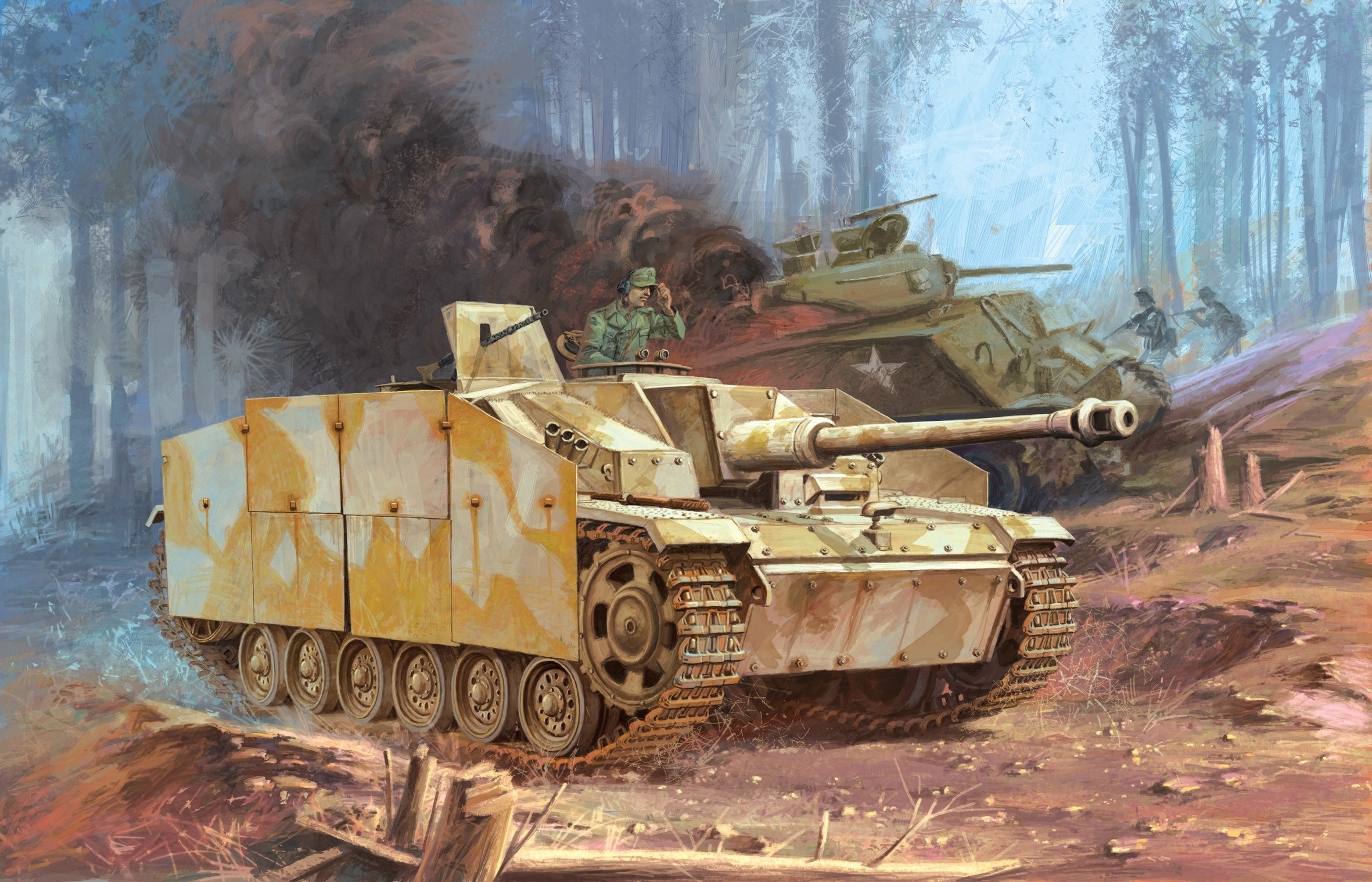 Painting of World War II tanks in a forest battle HD Wallpaper